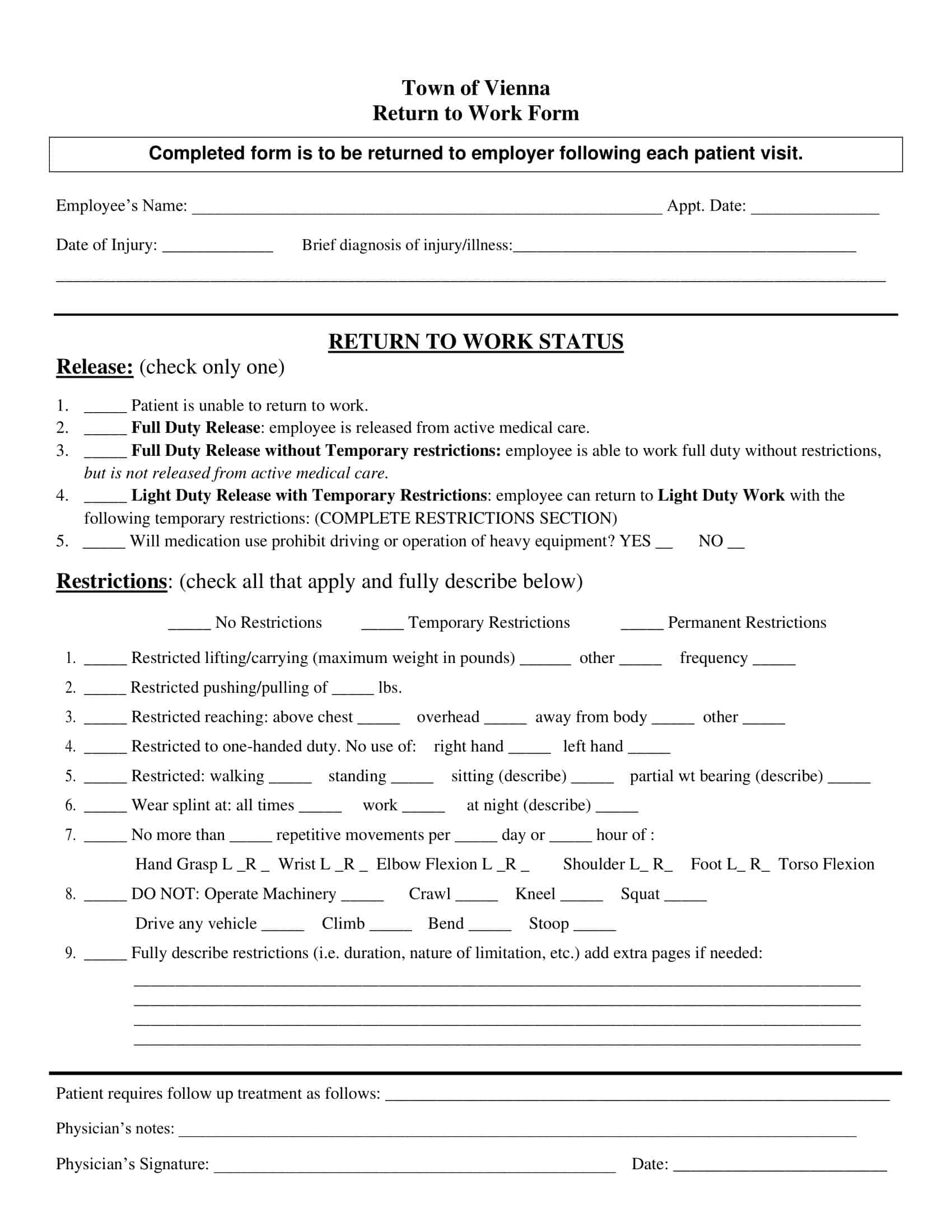 return to work form examples return to work form examples
