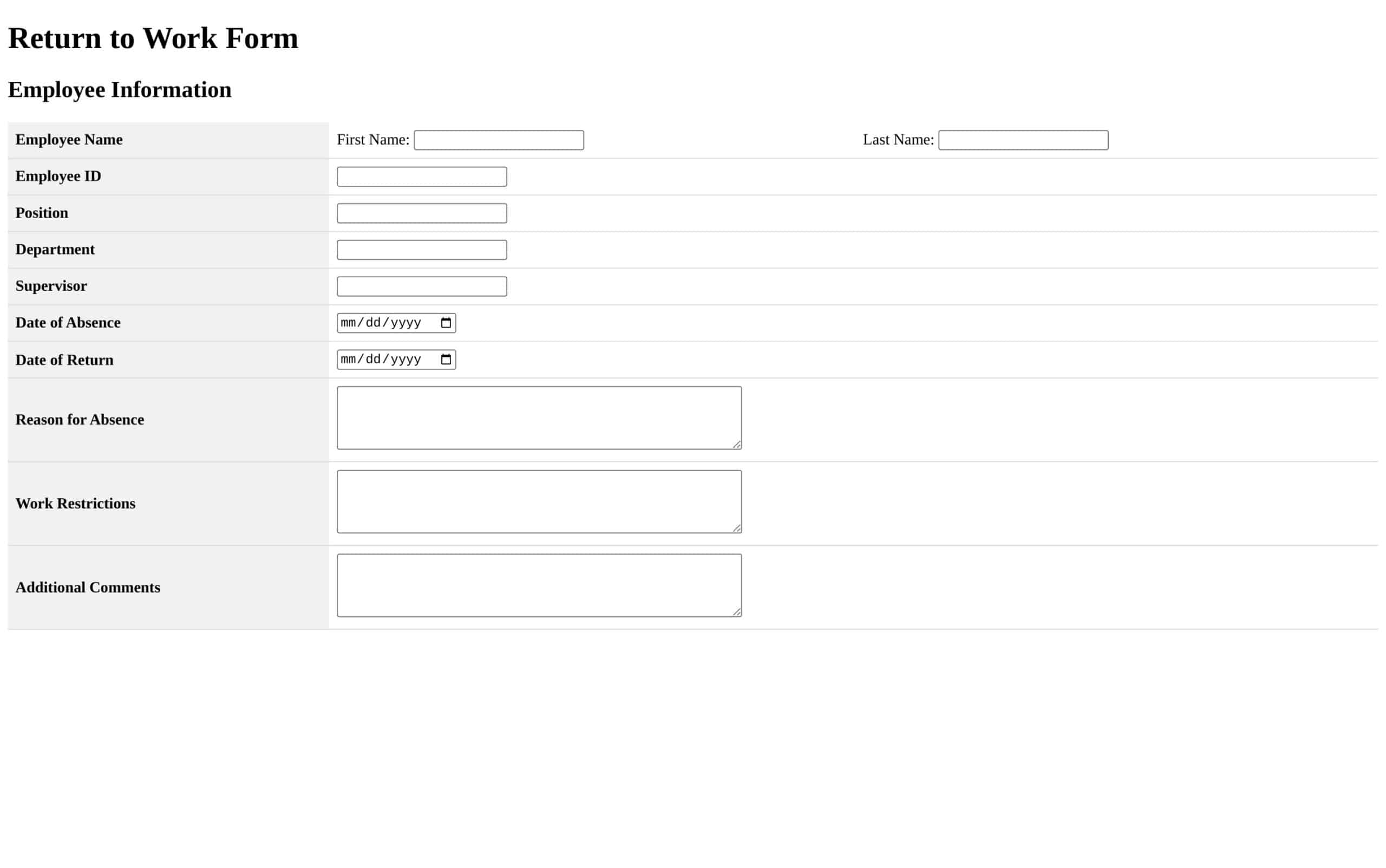 return to work form template return to work form template