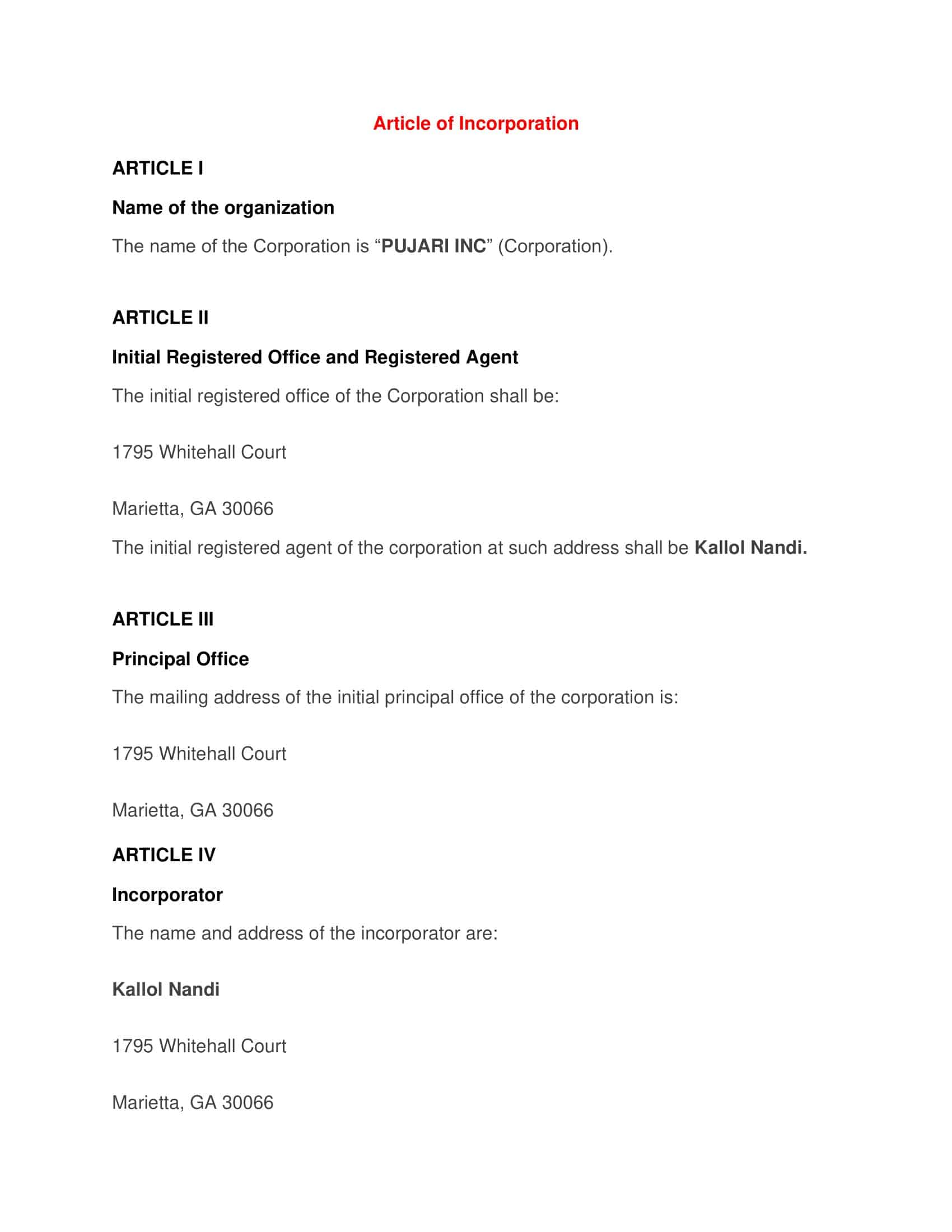 sample articles of incorporation sample articles of incorporation