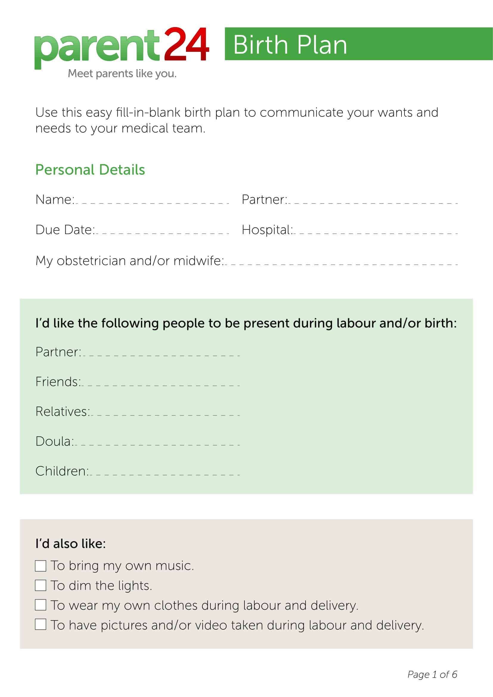 sample birth plan sample birth plan