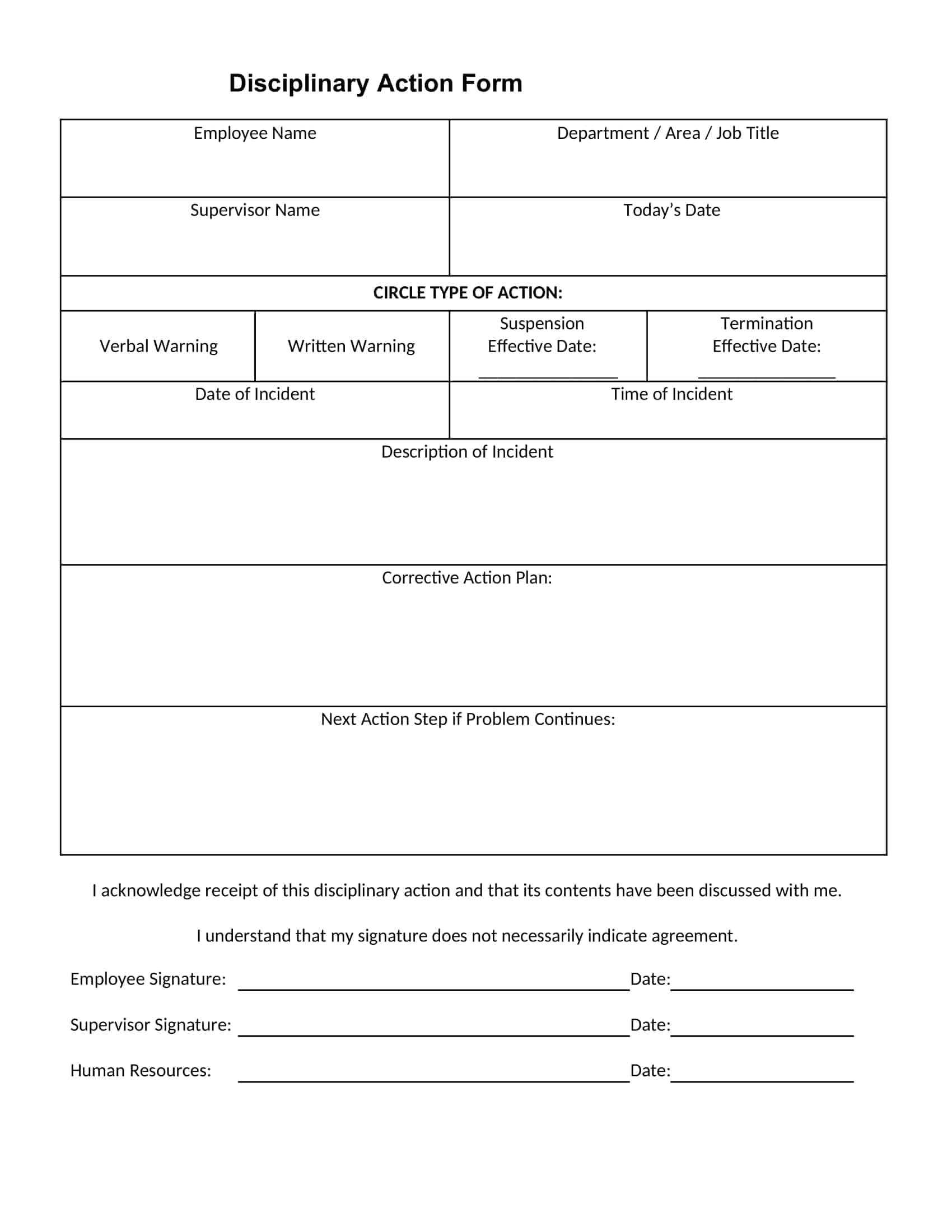Free Printable Disciplinary Action Form Templates Word PDF 