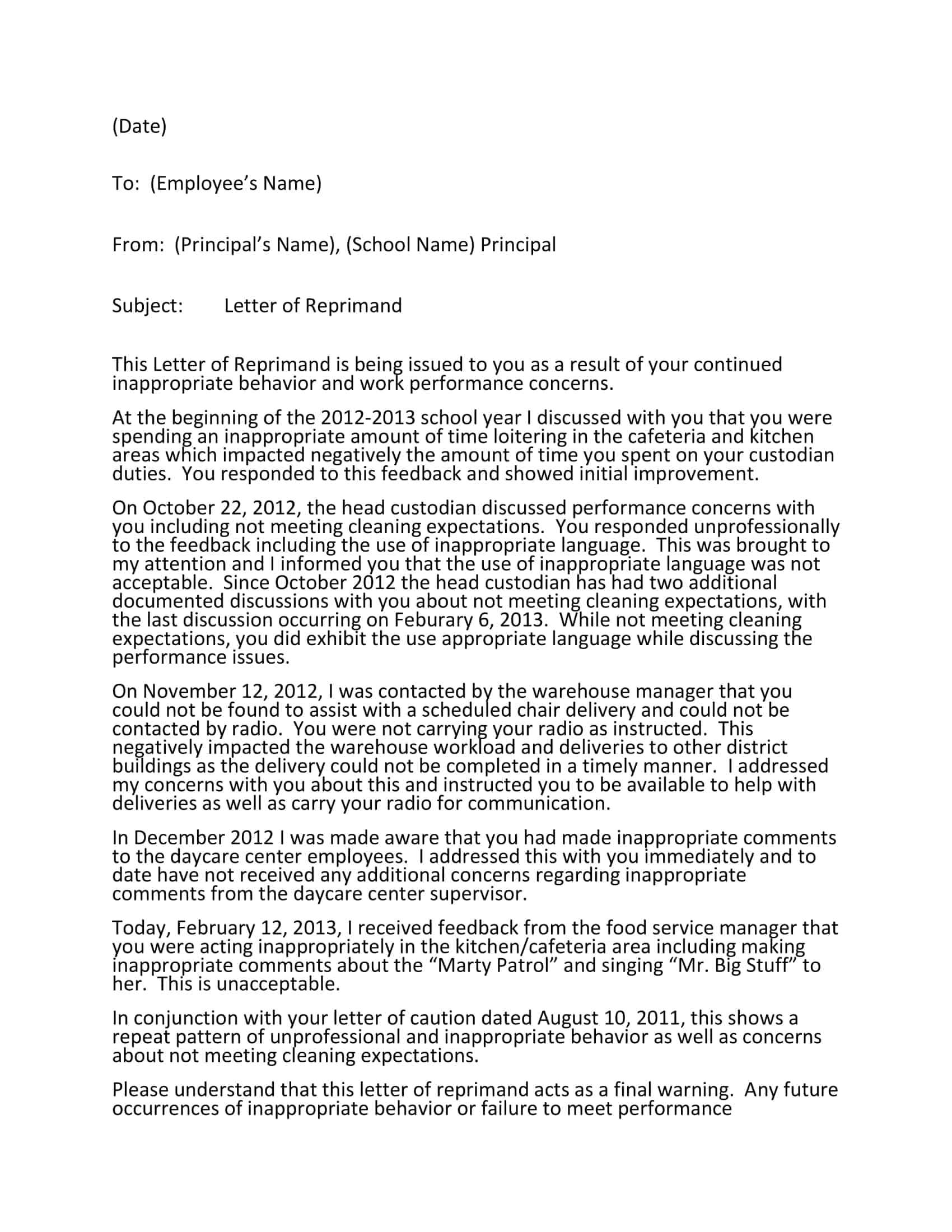 sample letter of reprimand sample letter of reprimand