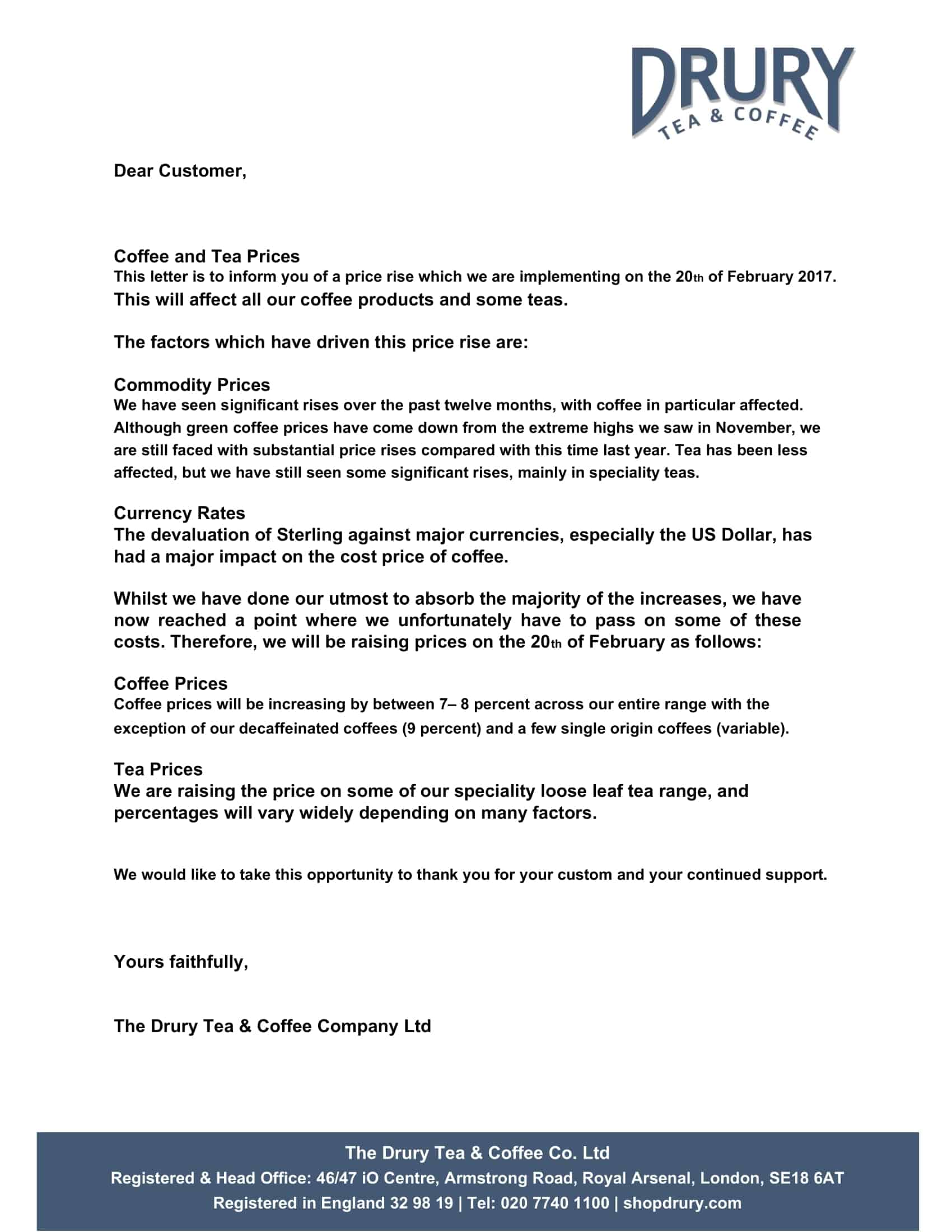 sample price increase letter to customers sample price increase letter to customers