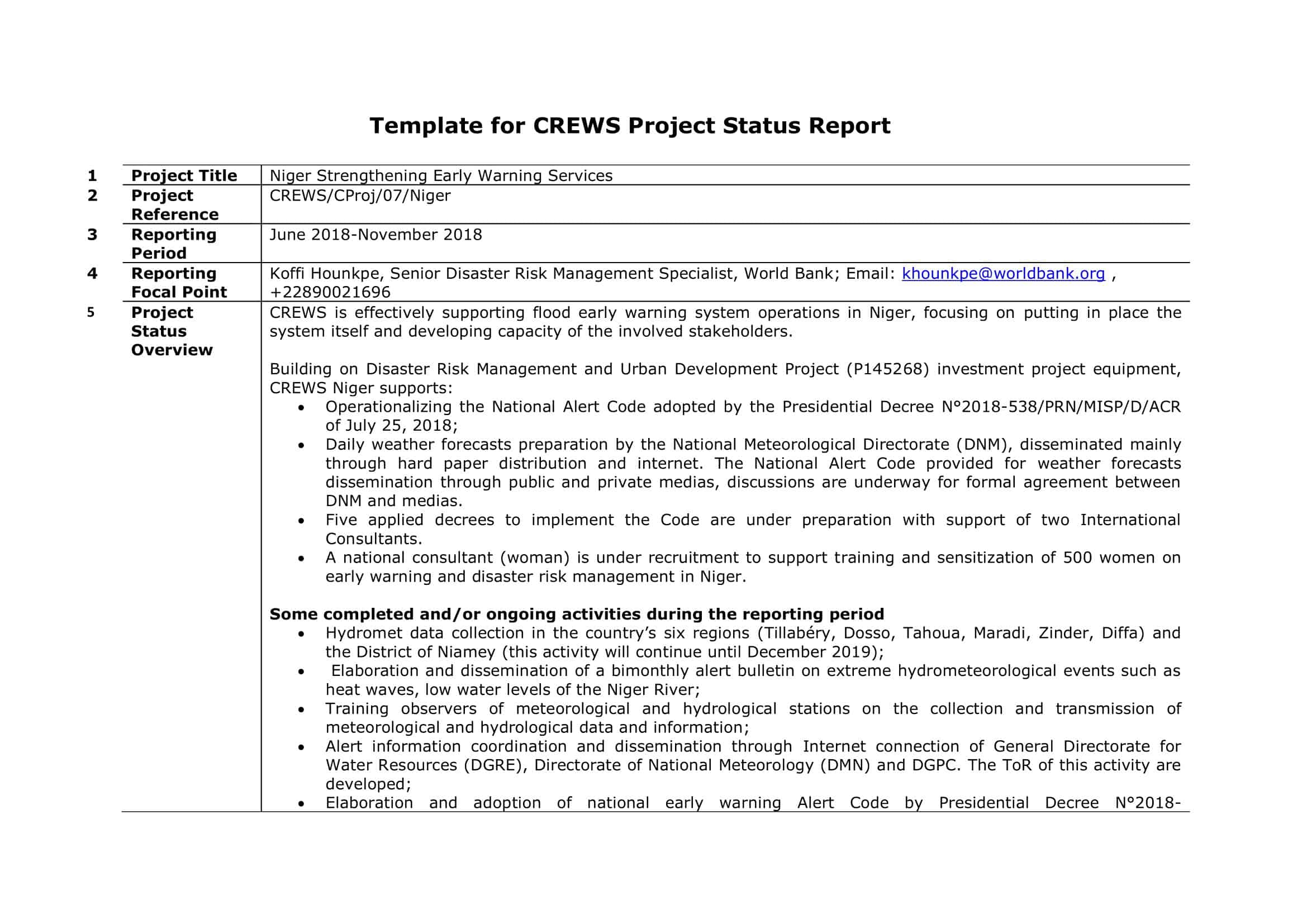 sample project status report sample project status report