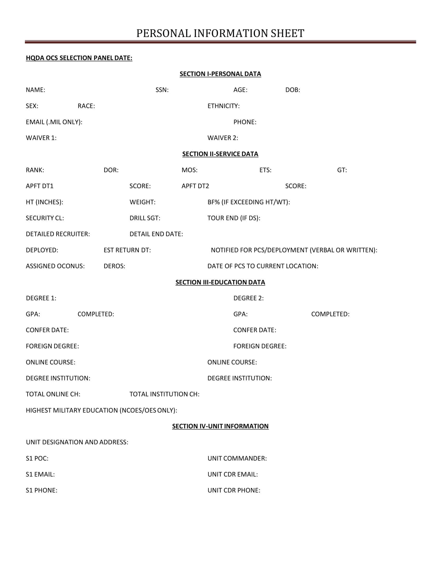 samples of personal information forms samples of personal information forms
