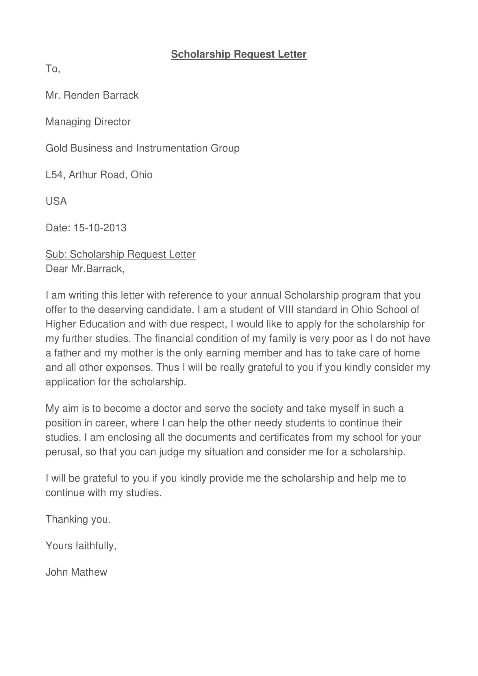 scholarship application letter sample scholarship application letter sample