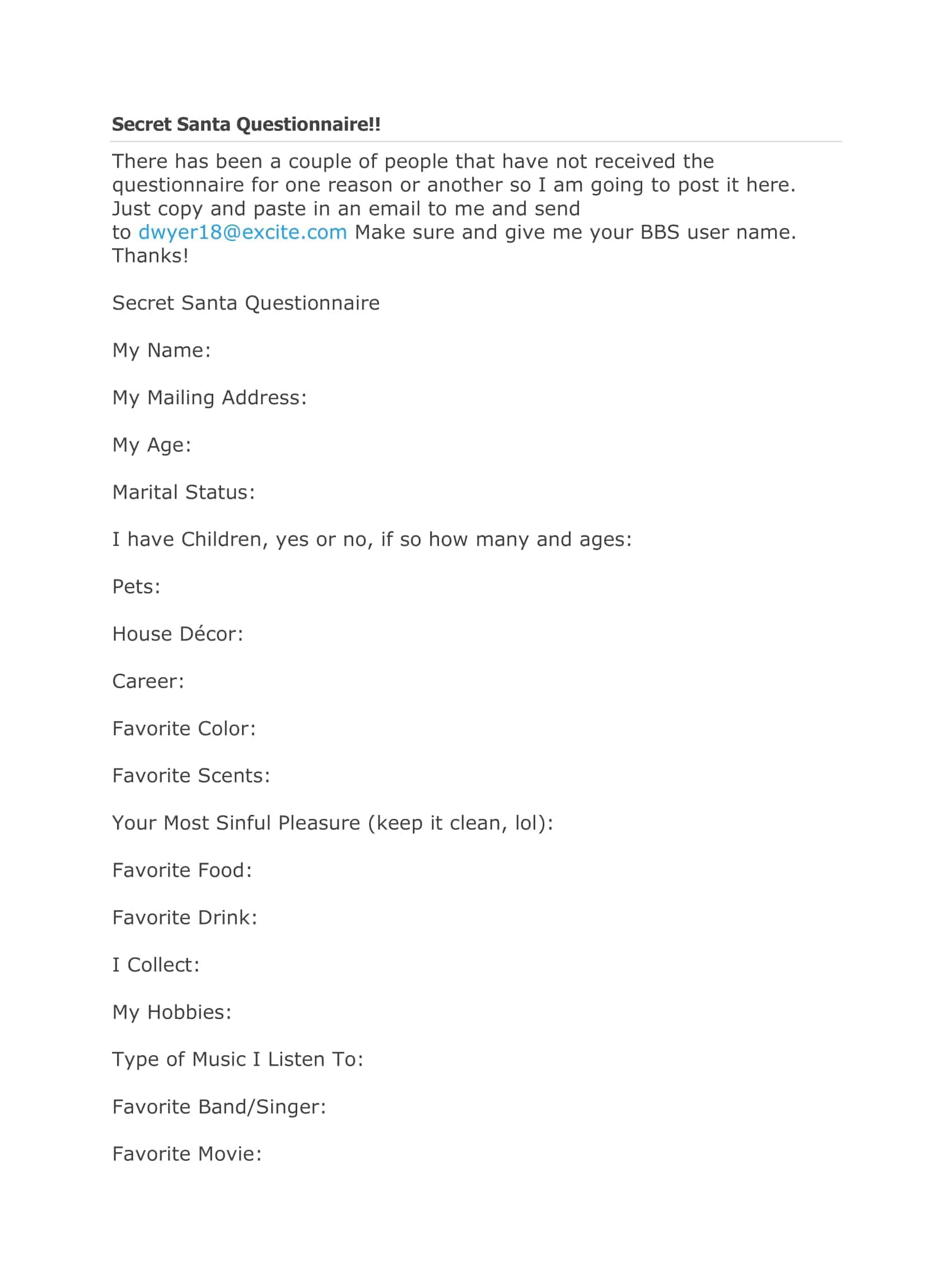 secret santa questionnaire template free secret santa questionnaire template free