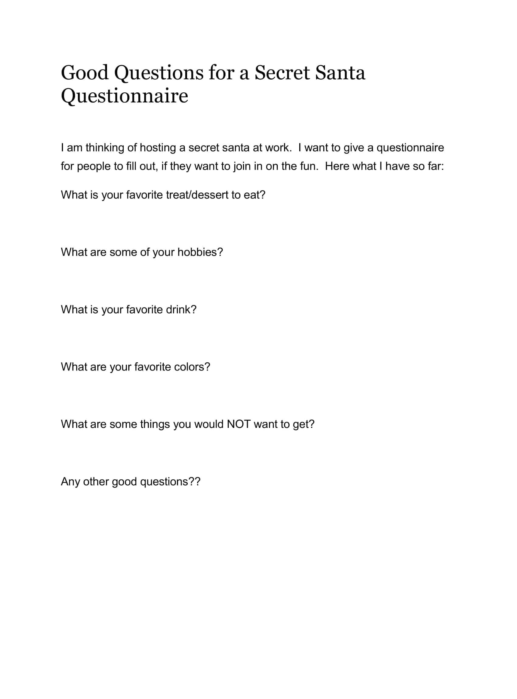secret santa questions printable secret santa questions printable