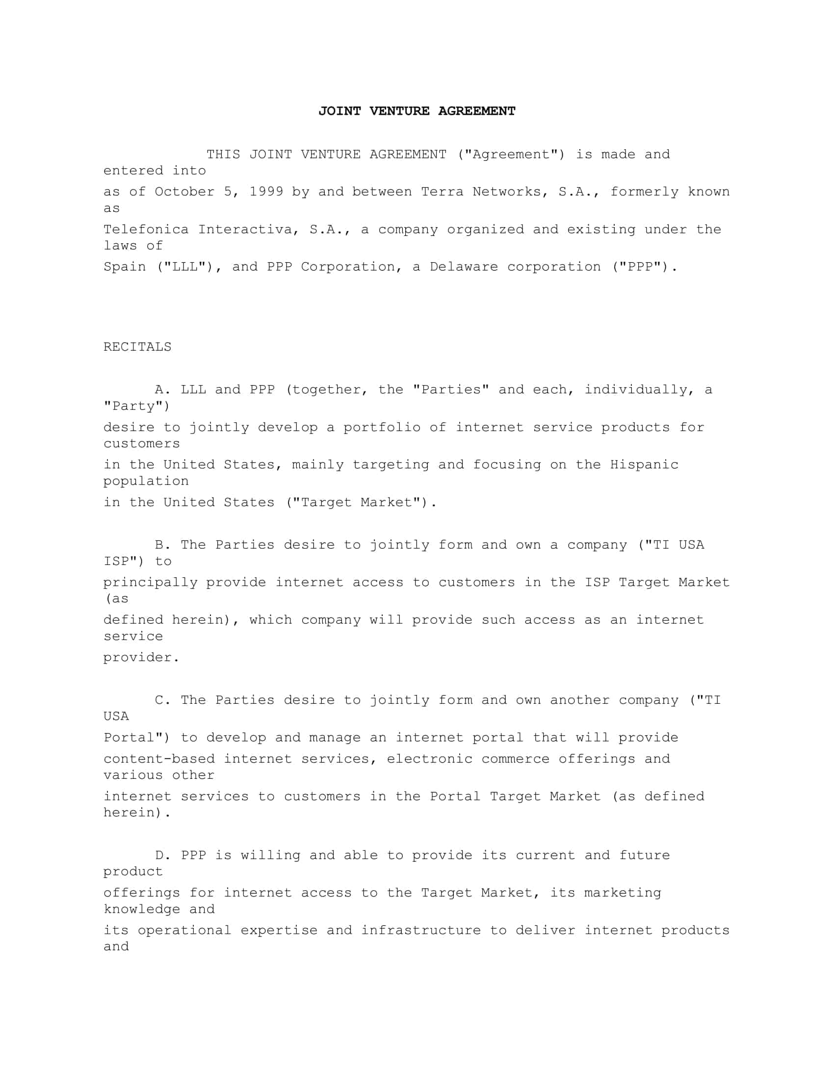 simple joint venture agreement template word simple joint venture agreement template word