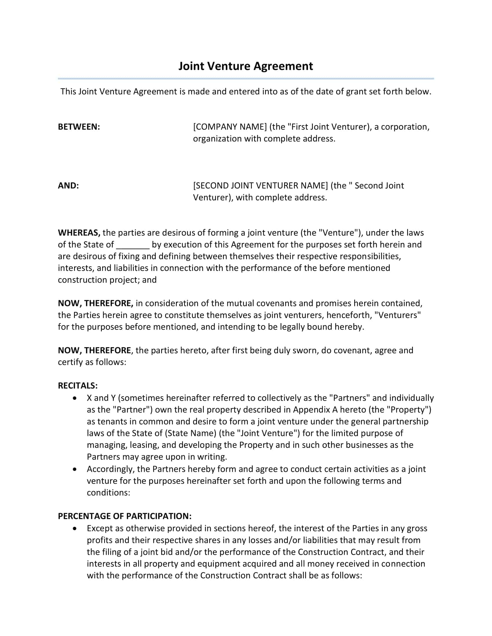 simple joint venture agreement template simple joint venture agreement template