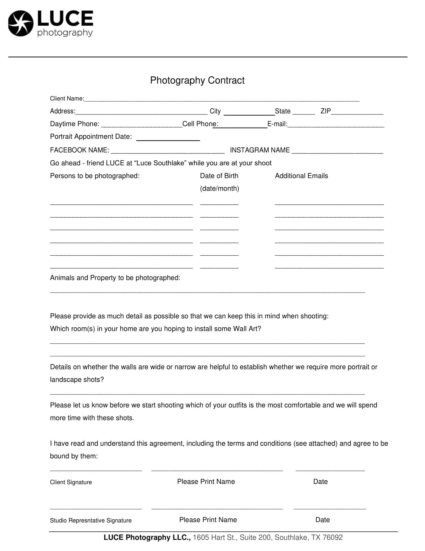Printable Photography Contract Printable Photography Contract