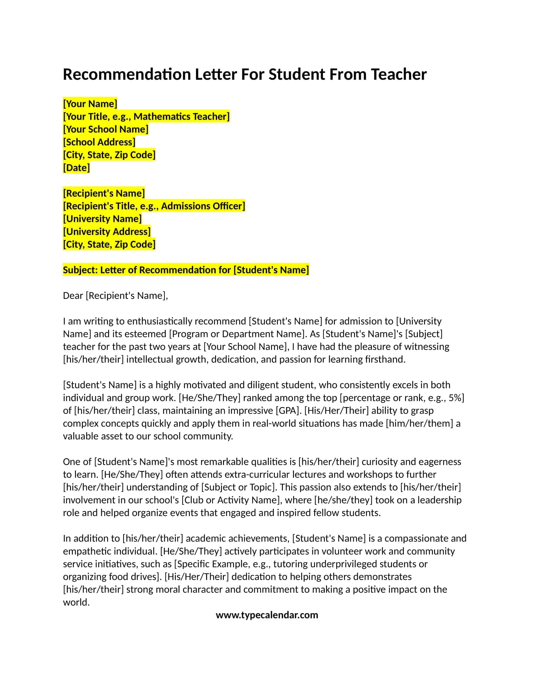 student recommendation letter from teacher student recommendation letter from teacher