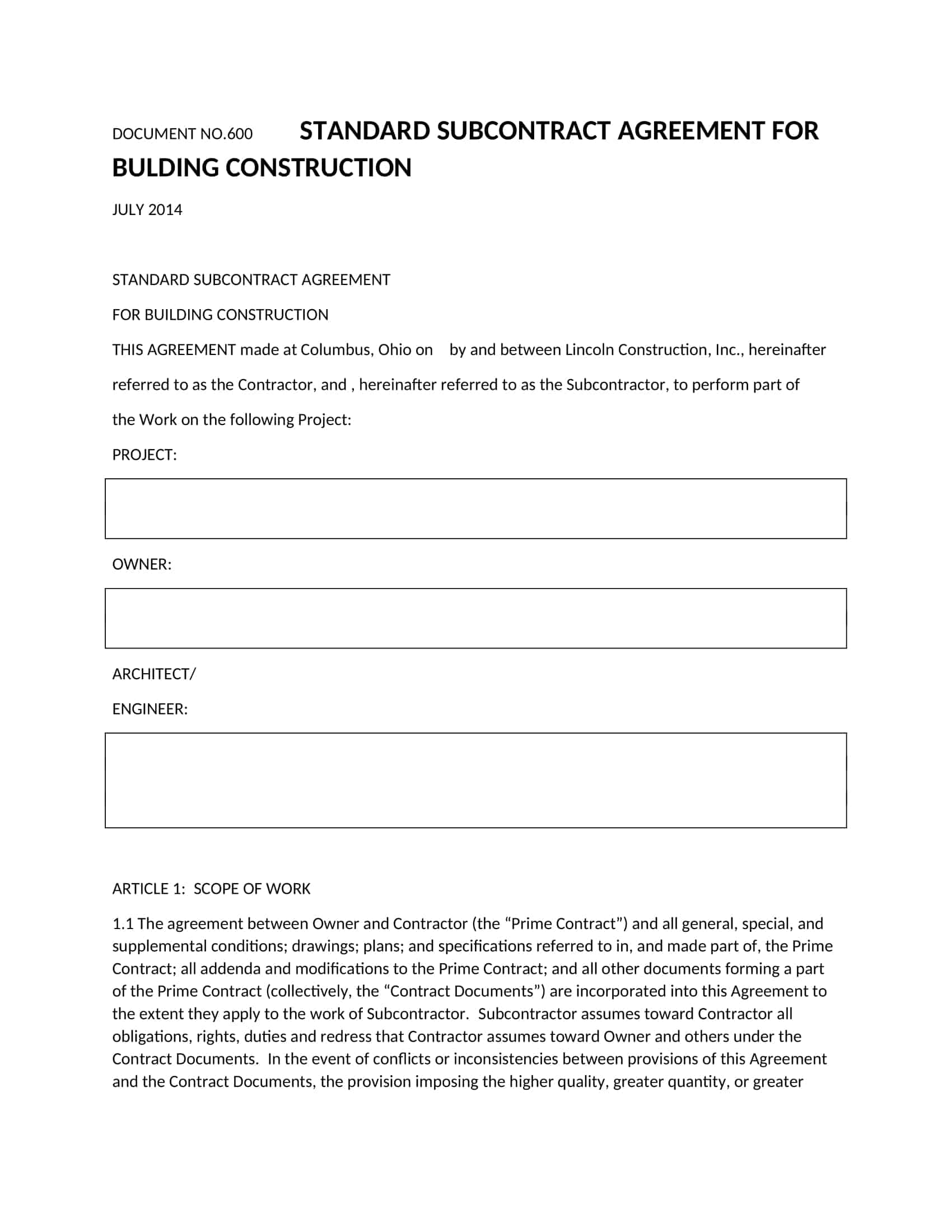 sub subcontractor agreement sub subcontractor agreement