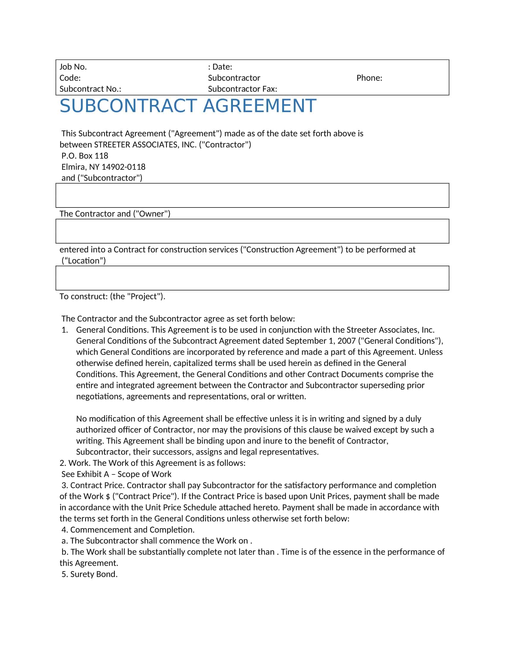 subcontractor agreement for construction subcontractor agreement for construction
