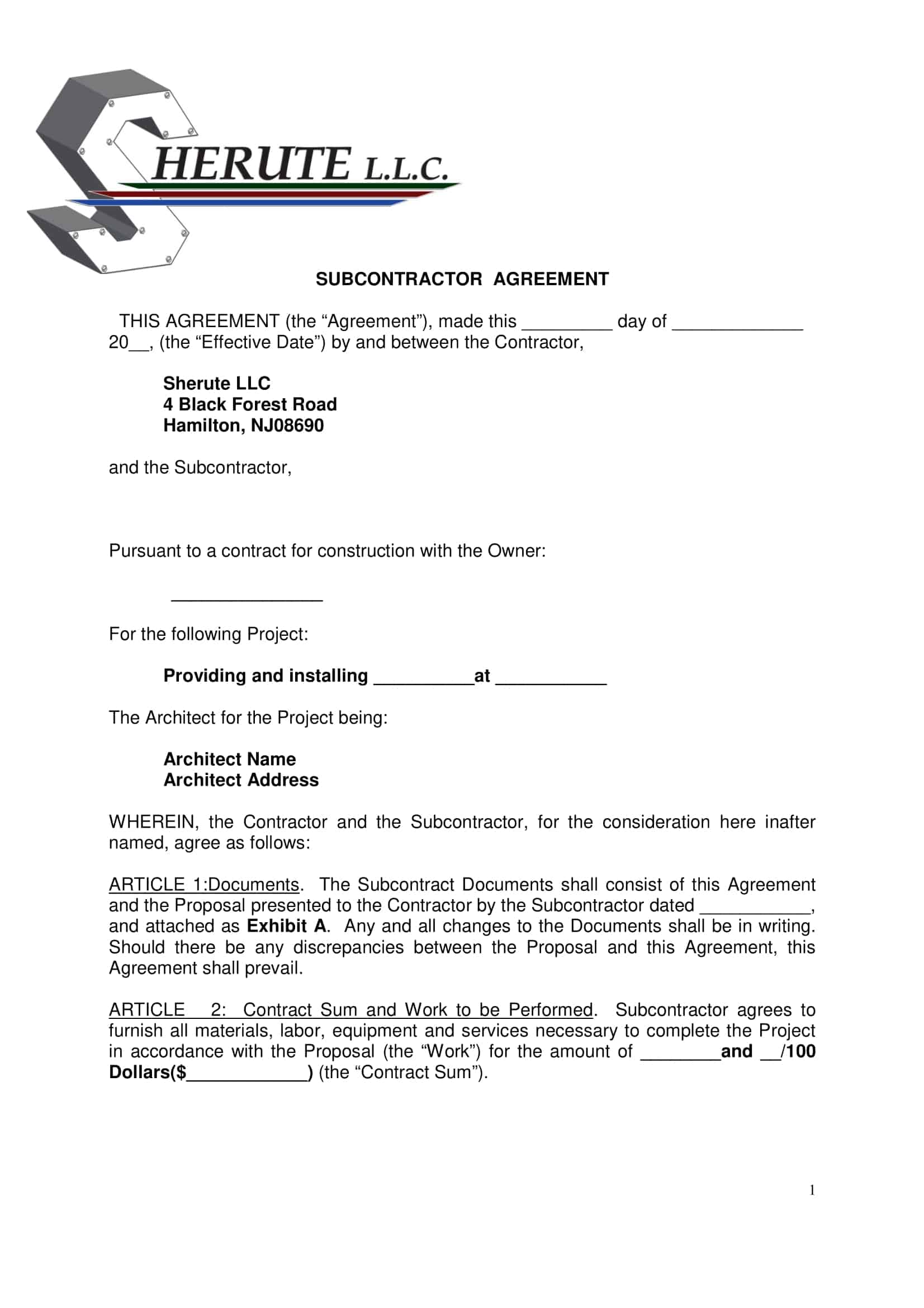 subcontractor agreement forms subcontractor agreement forms
