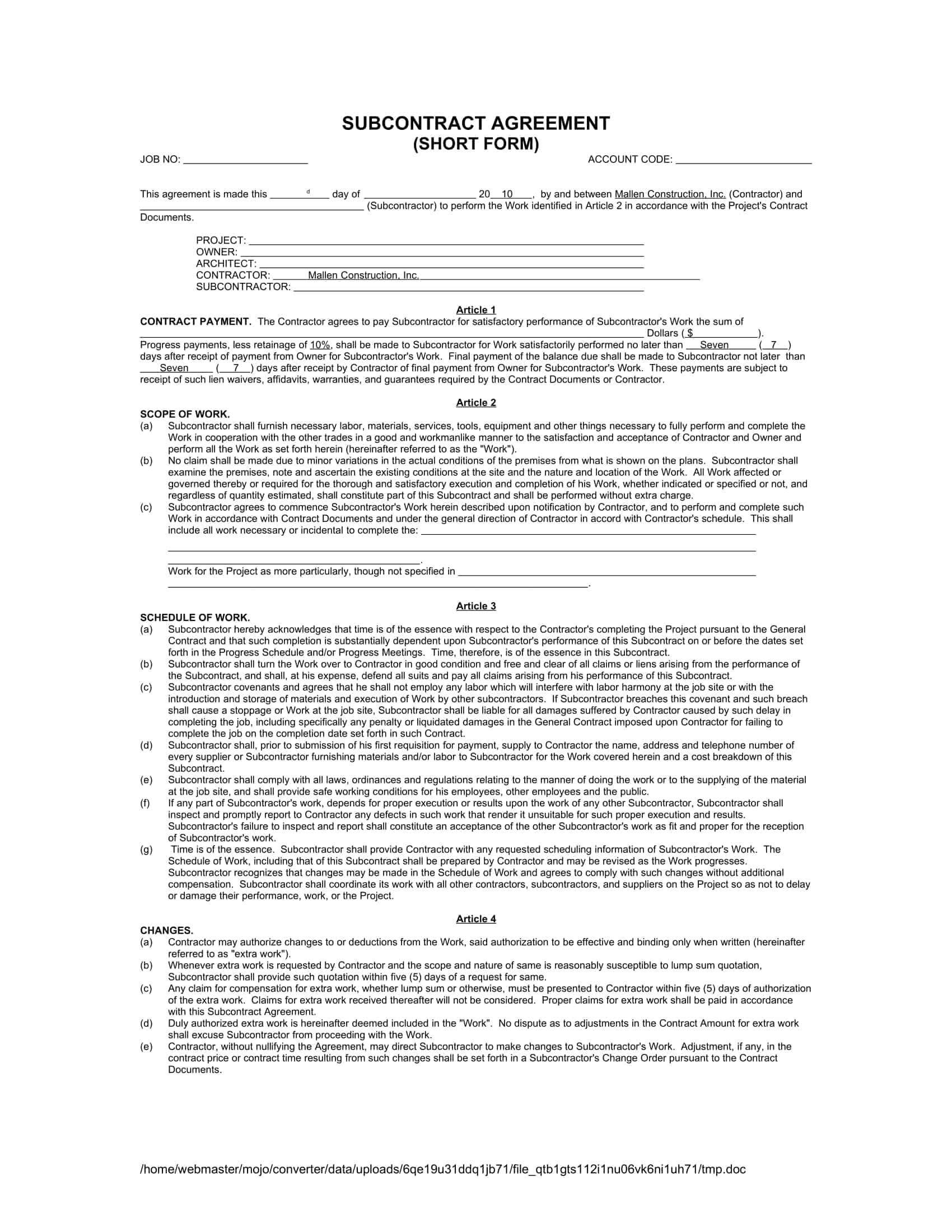 subcontractor agreement sample subcontractor agreement sample