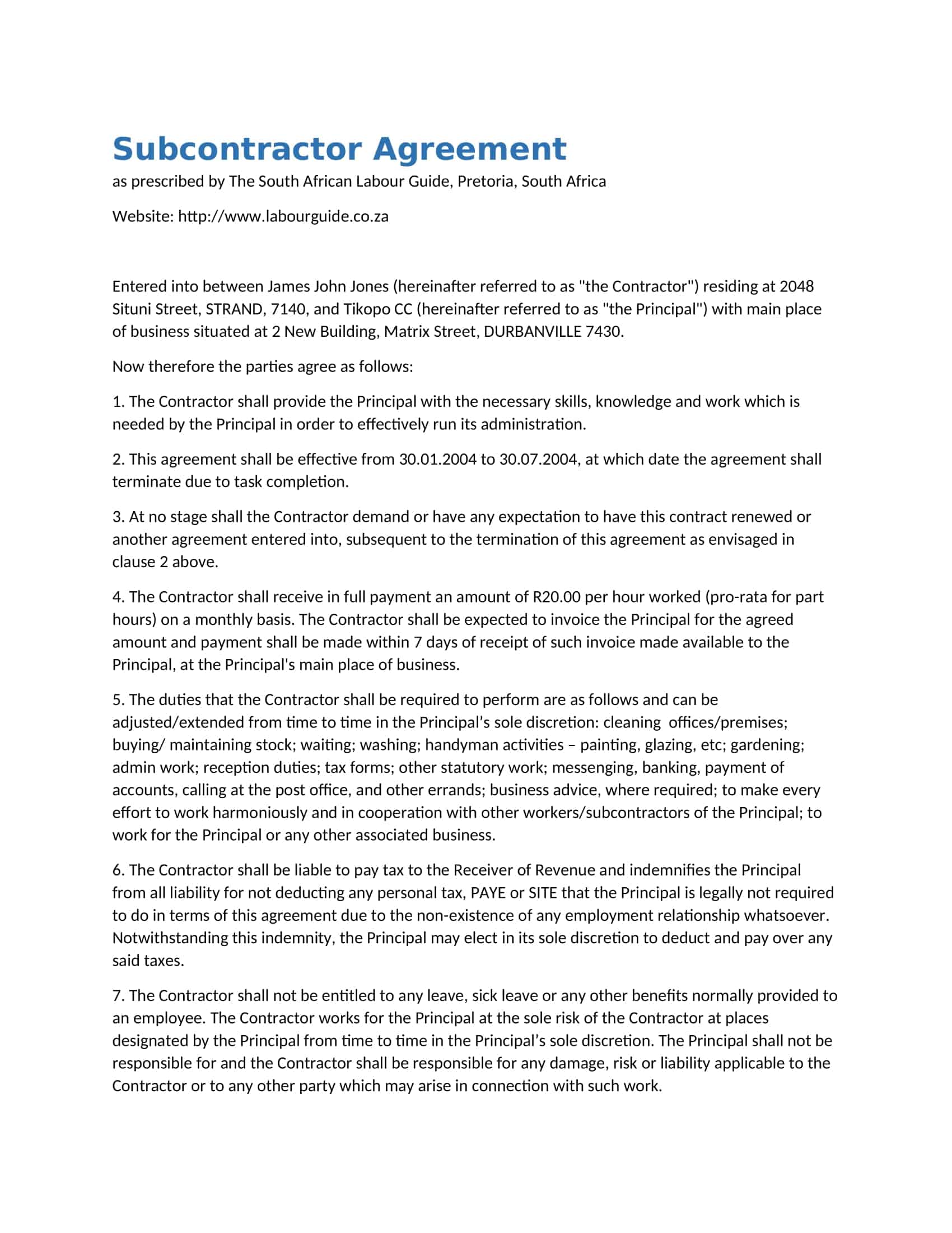 subcontractor agreement template free subcontractor agreement template free