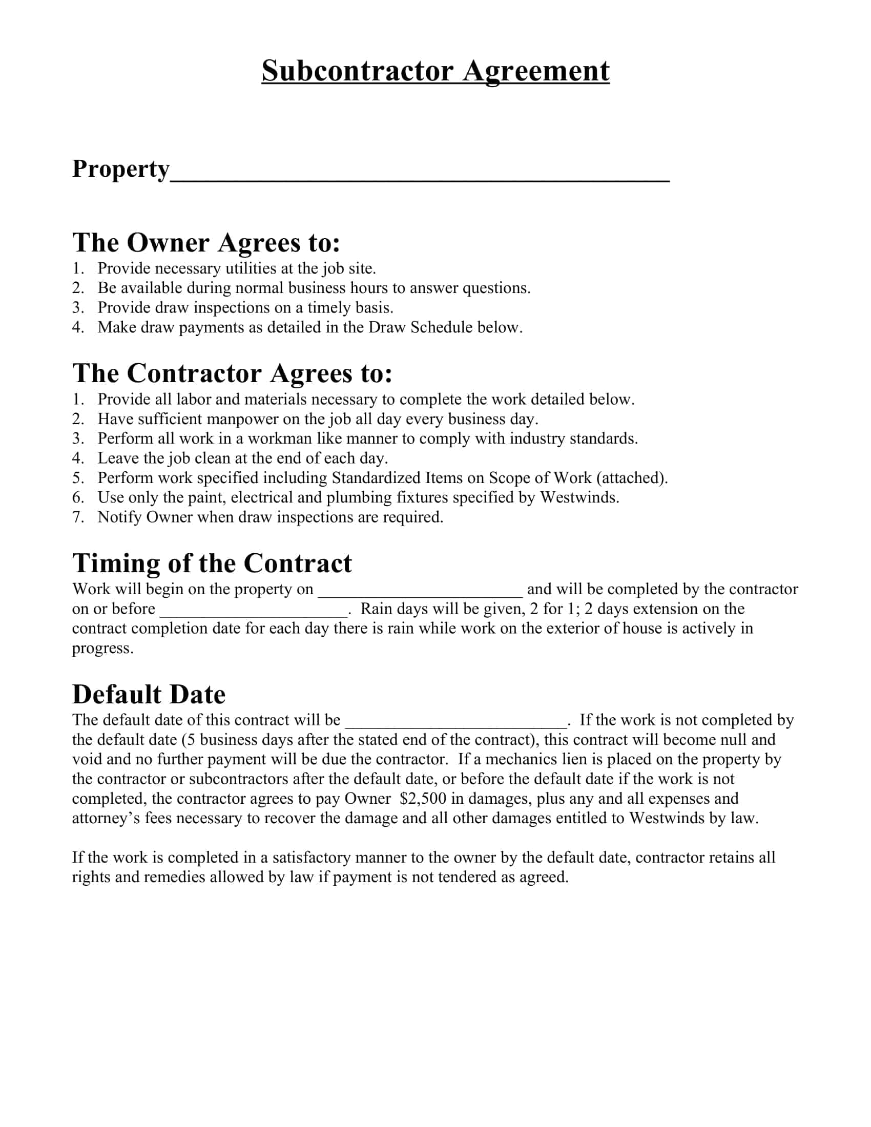 subcontractor agreement template word subcontractor agreement template word
