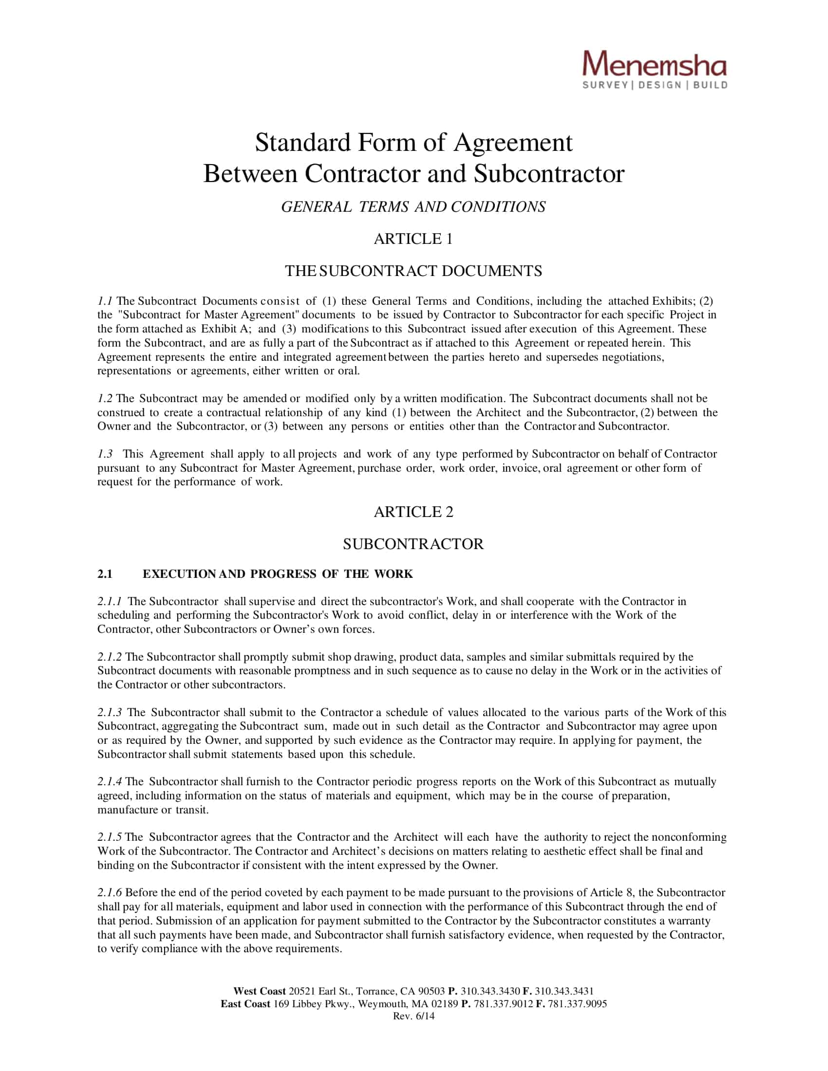 subcontractor agreement template subcontractor agreement template