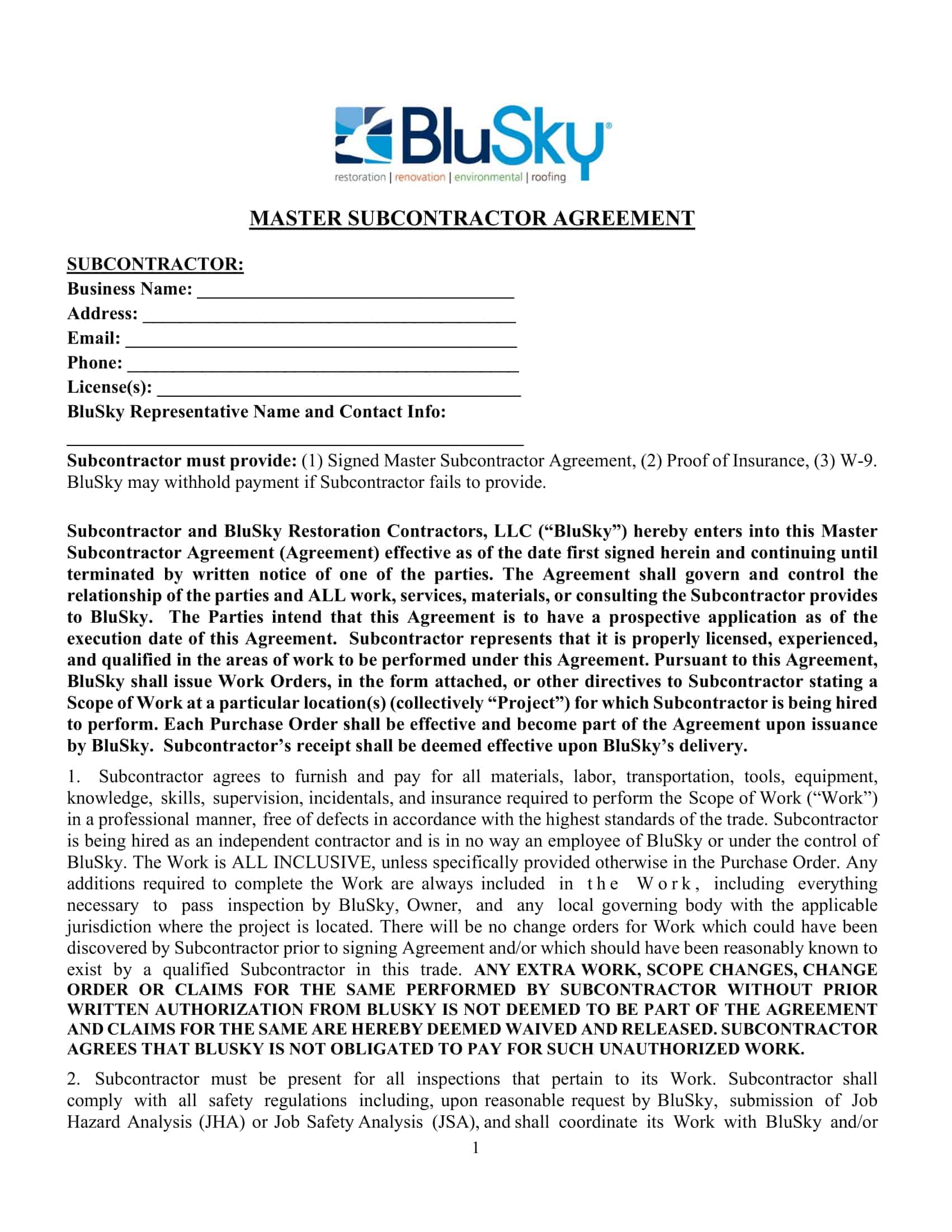 subcontractor agreement subcontractor agreement