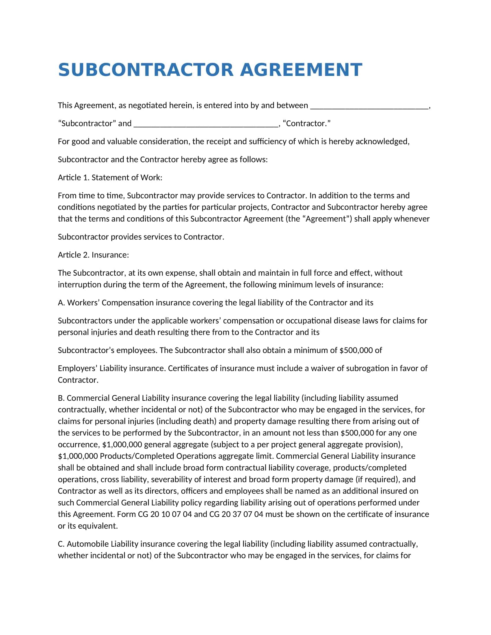 subcontractor contract agreement subcontractor contract agreement