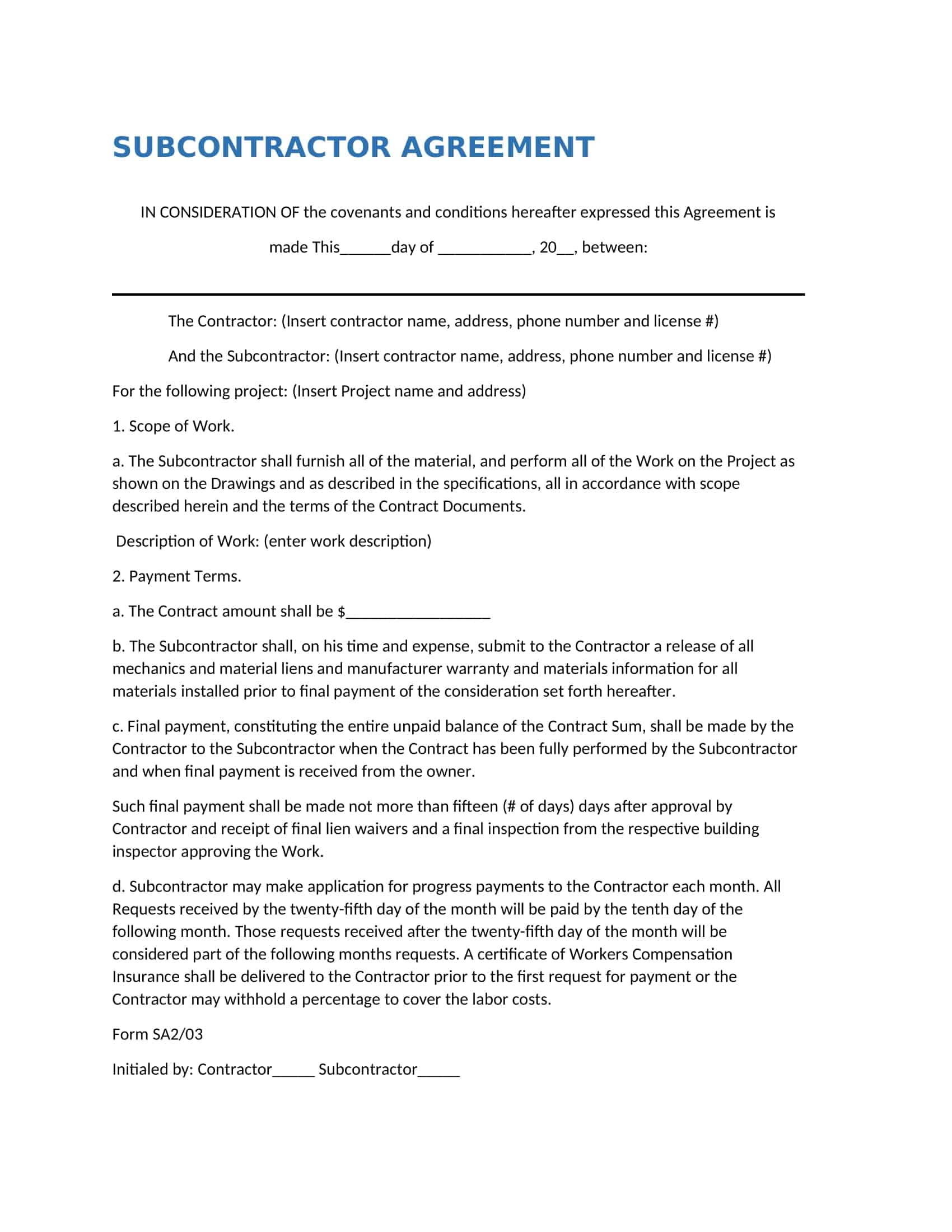 subcontractors agreement template subcontractors agreement template