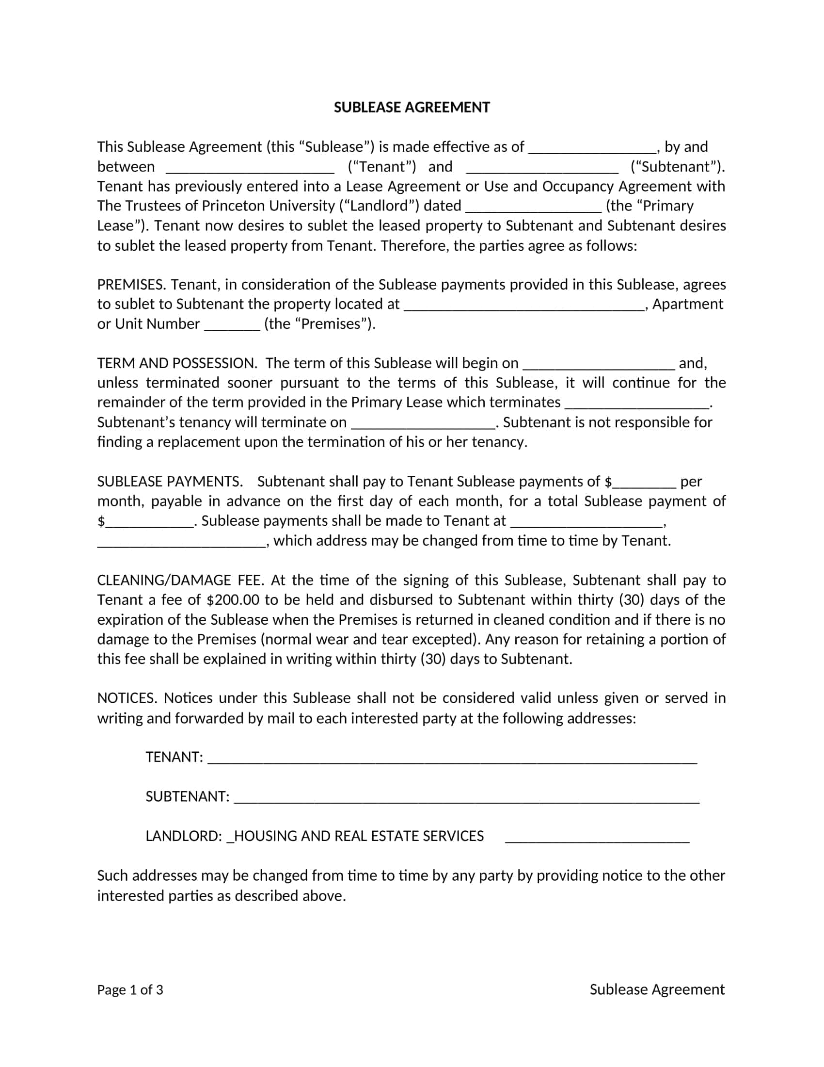 sublease agreement template word sublease agreement template word