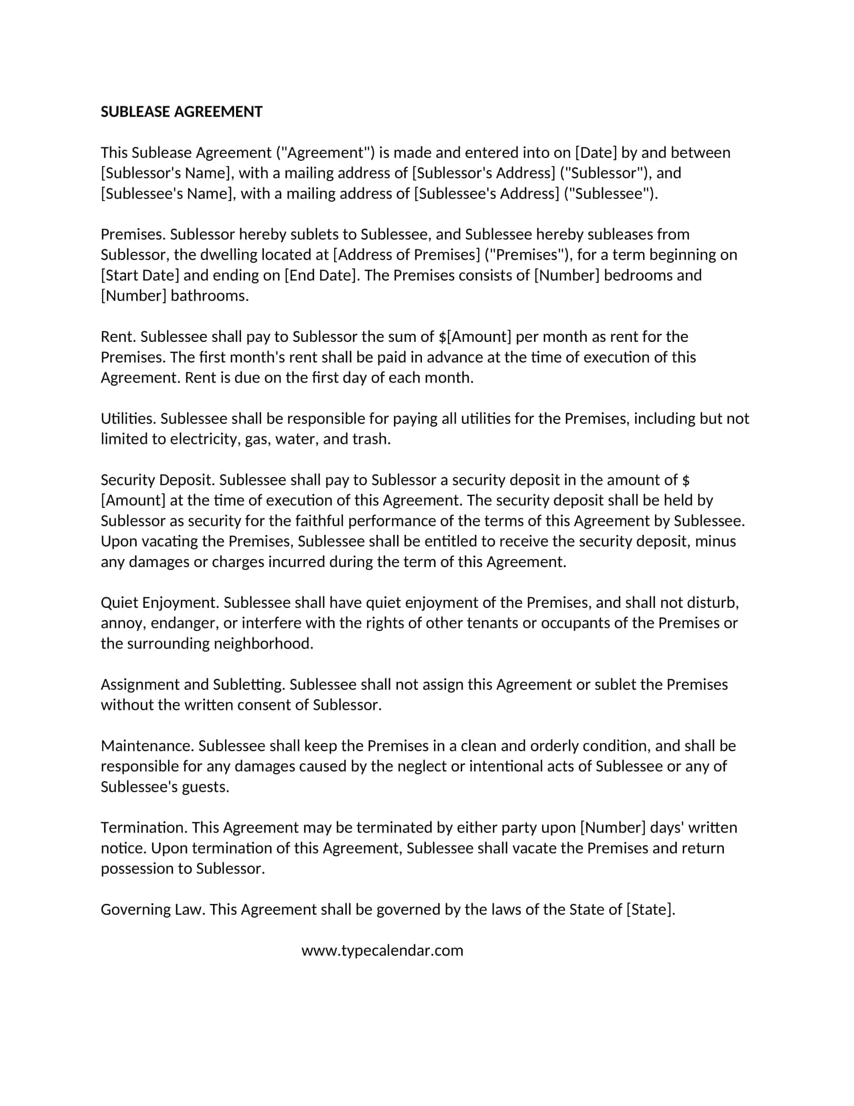 sublease agreement sublease agreement