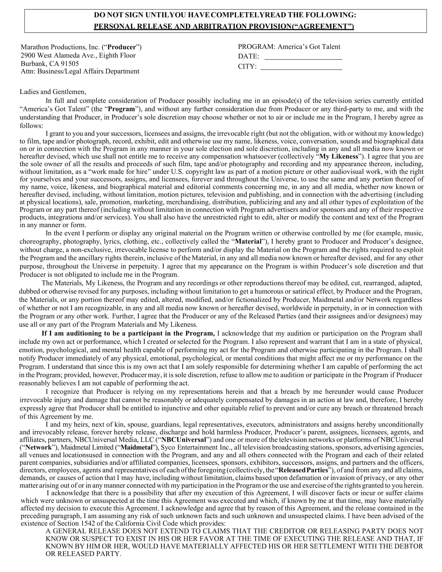 talent release form template talent release form template