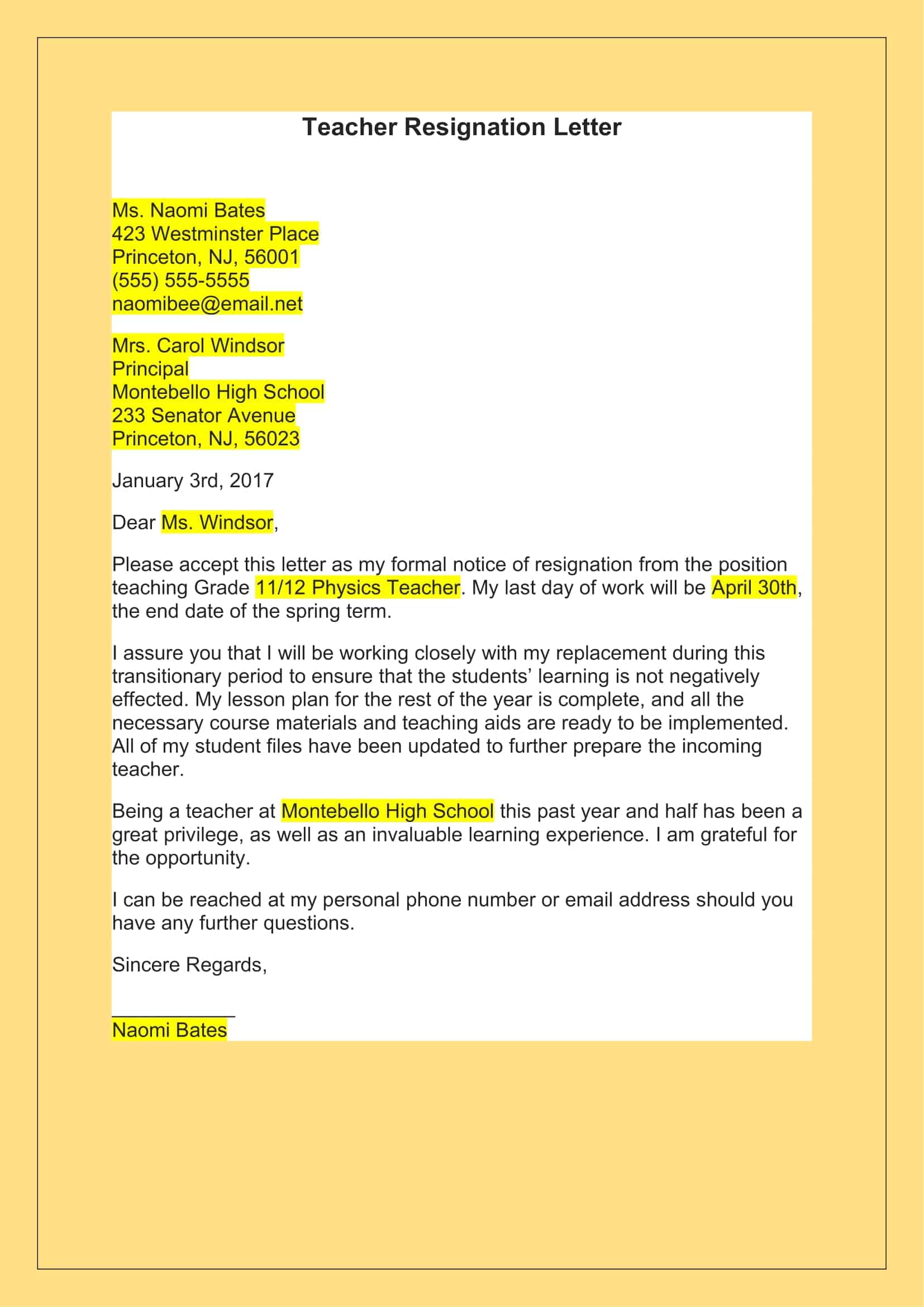 teacher resignation letter example teacher resignation letter example