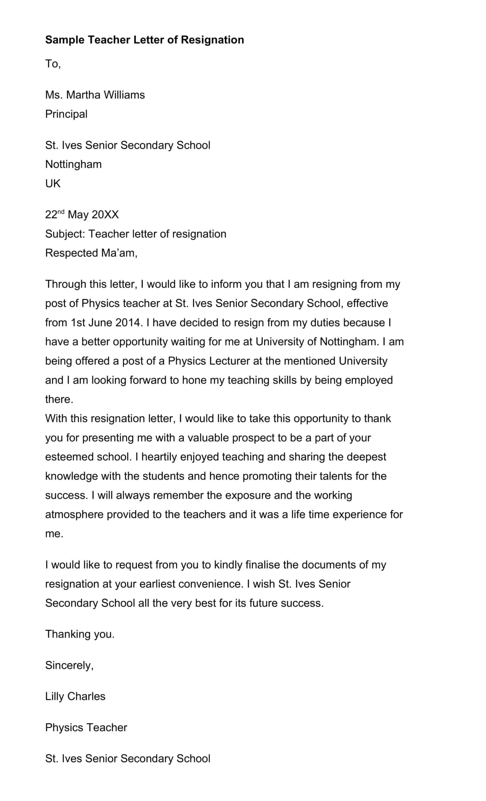 teacher resignation letter template teacher resignation letter template