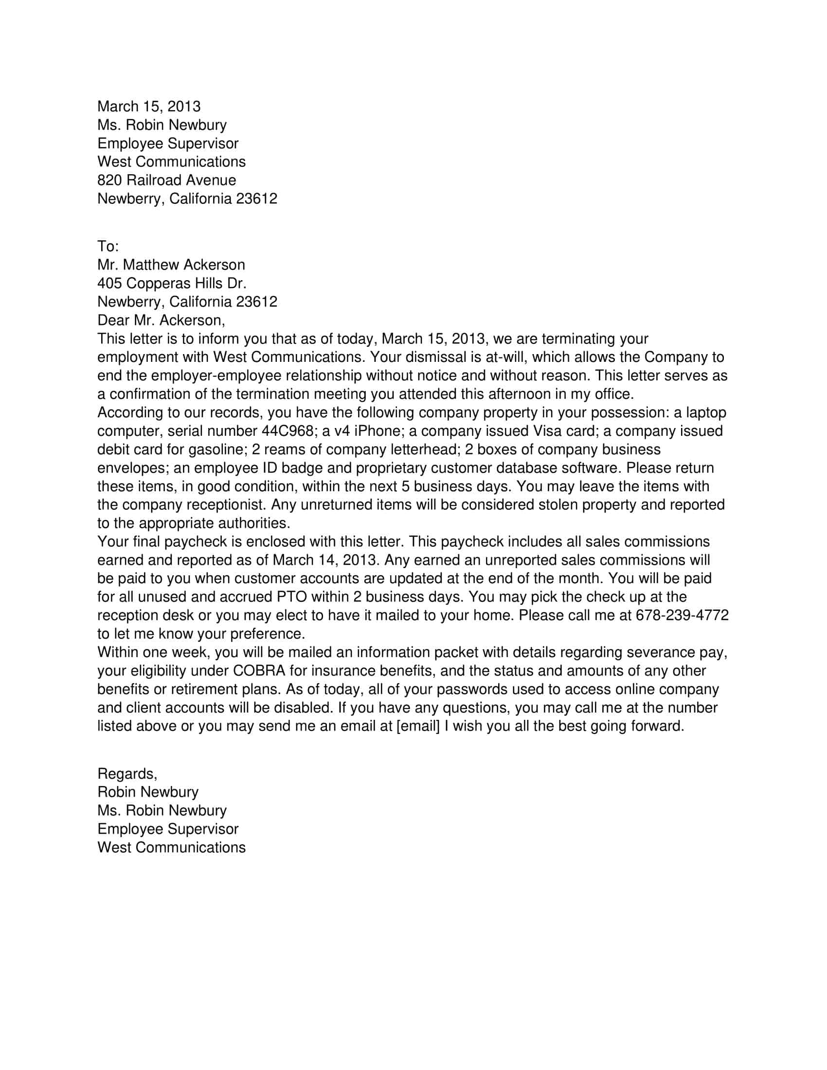 termination of services letter termination of services letter