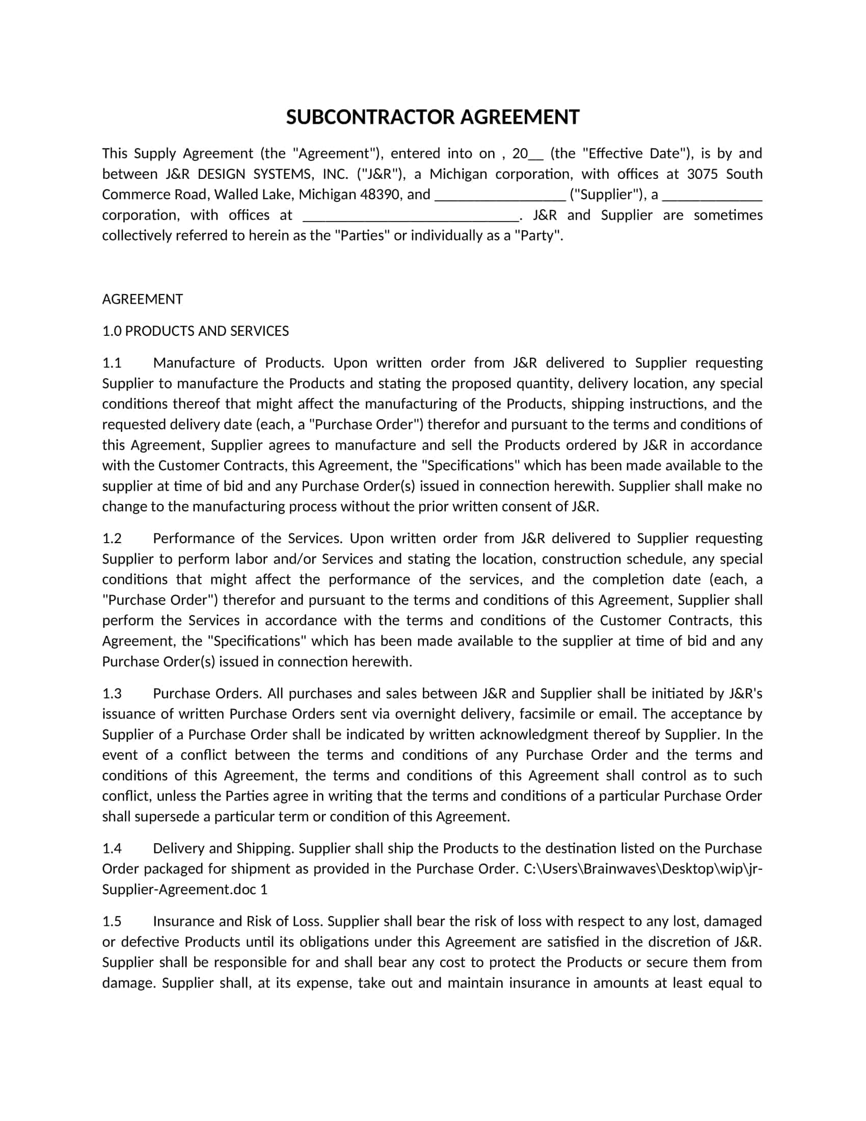 texas subcontractor agreement texas subcontractor agreement