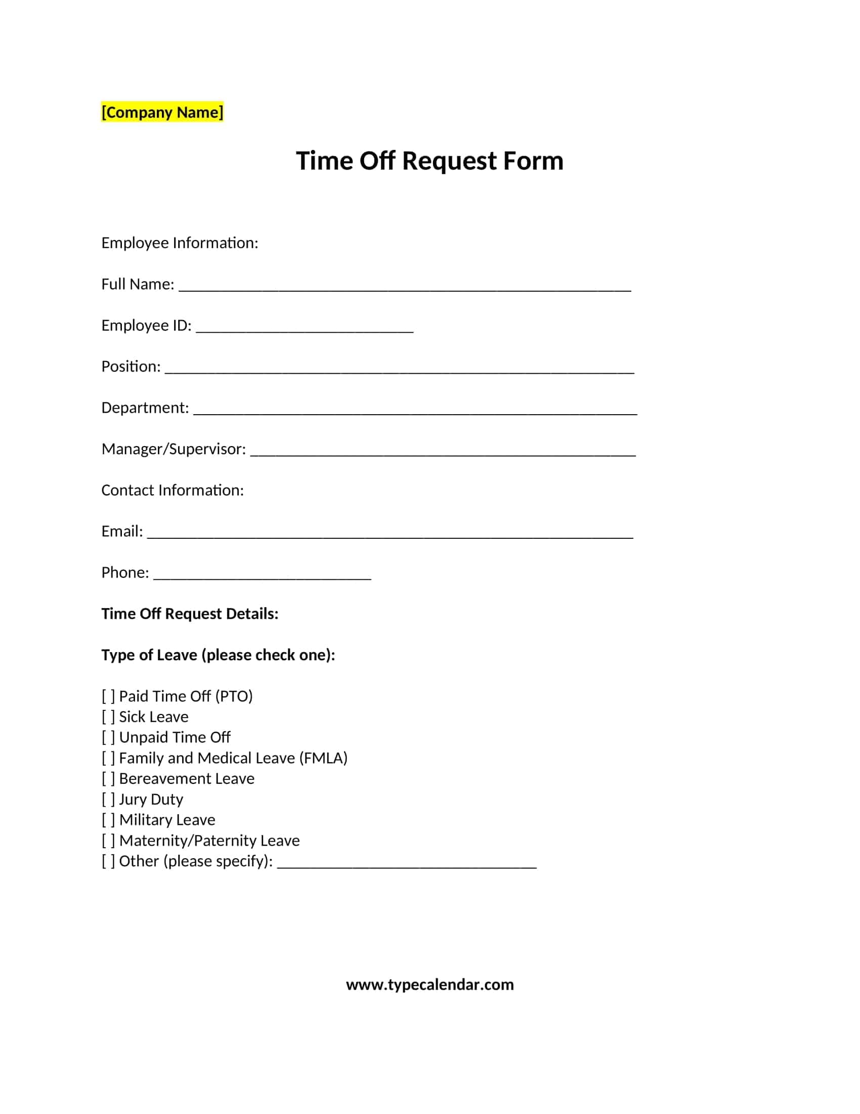 Free Printable Time Off Request Form Templates Word Excel Sample