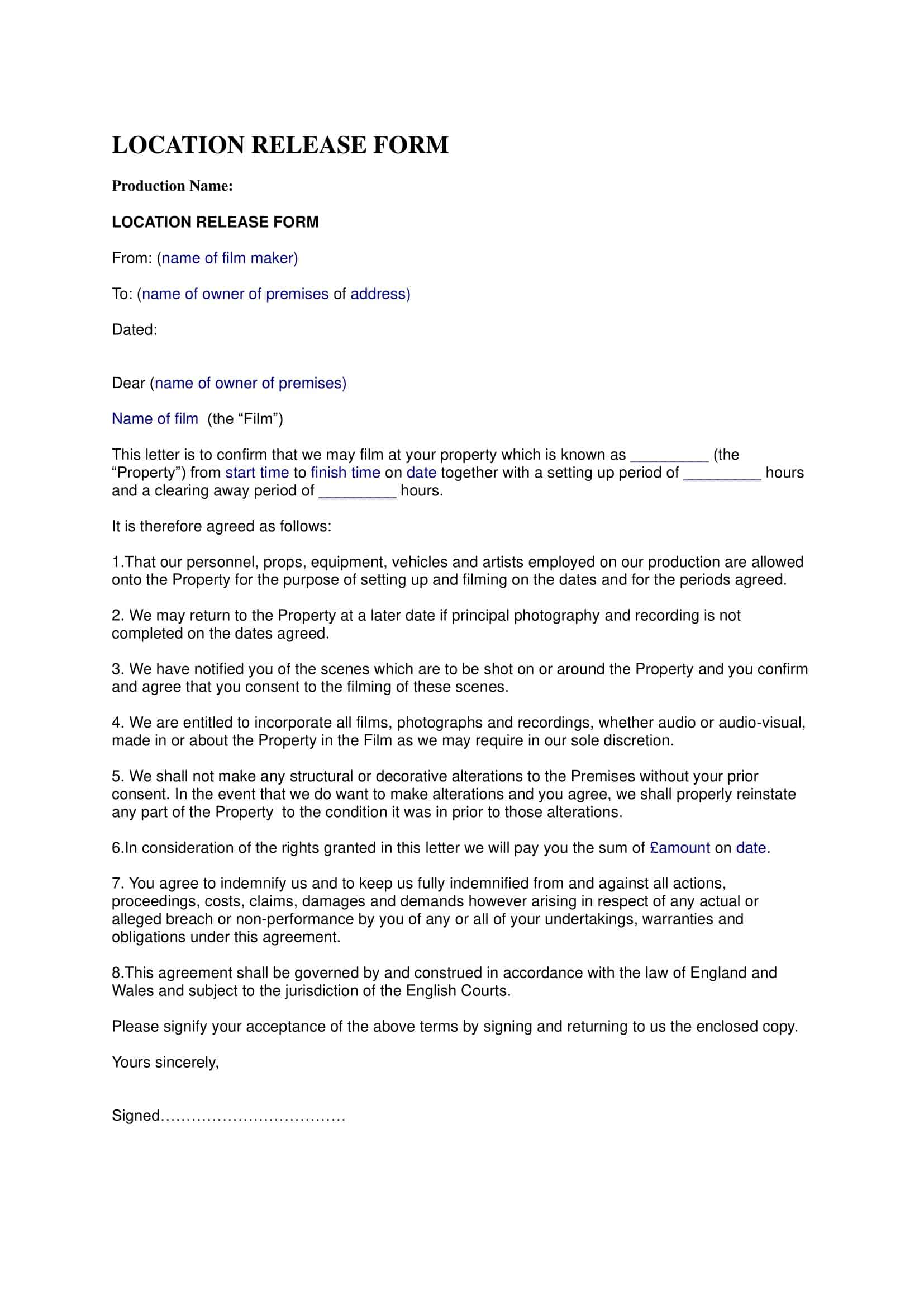 video production location release form video production location release form