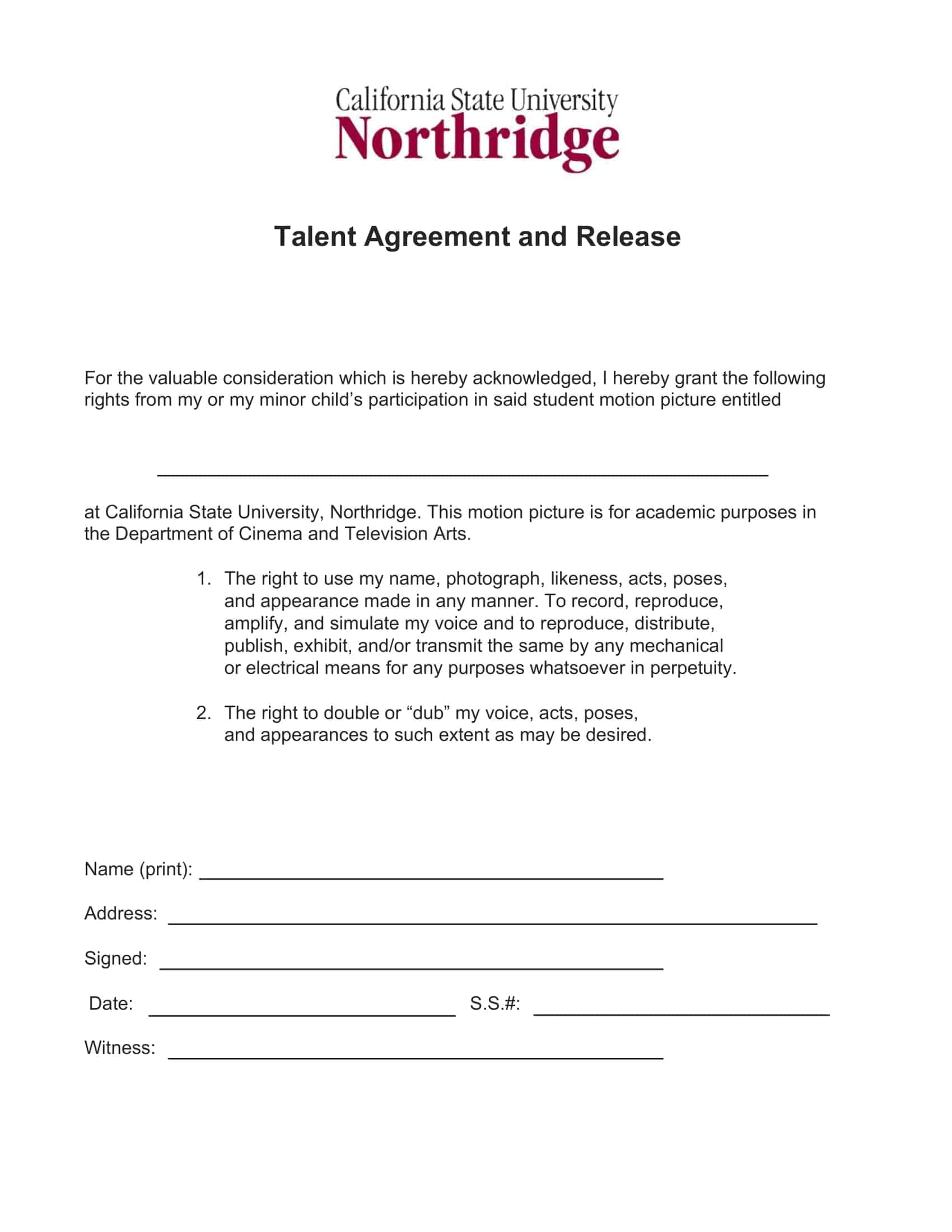 video talent release form video talent release form