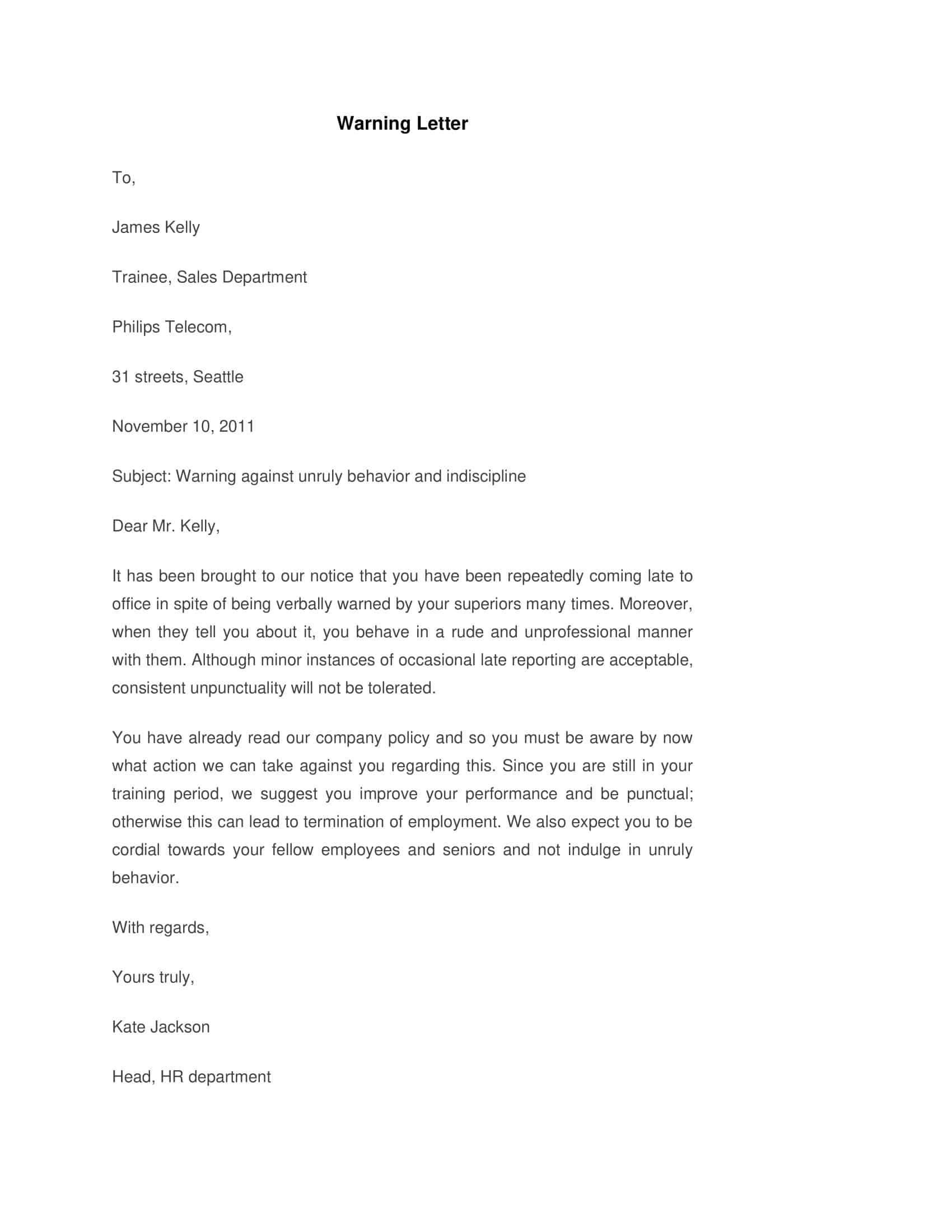 warning letter to employee for unprofessional behavior sample warning letter to employee for unprofessional behavior sample