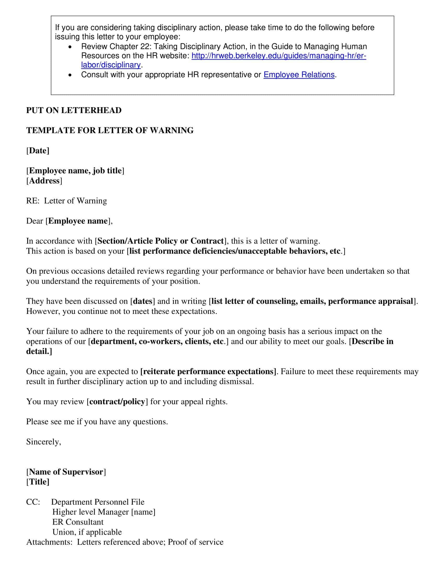 warning letter to employee template warning letter to employee template