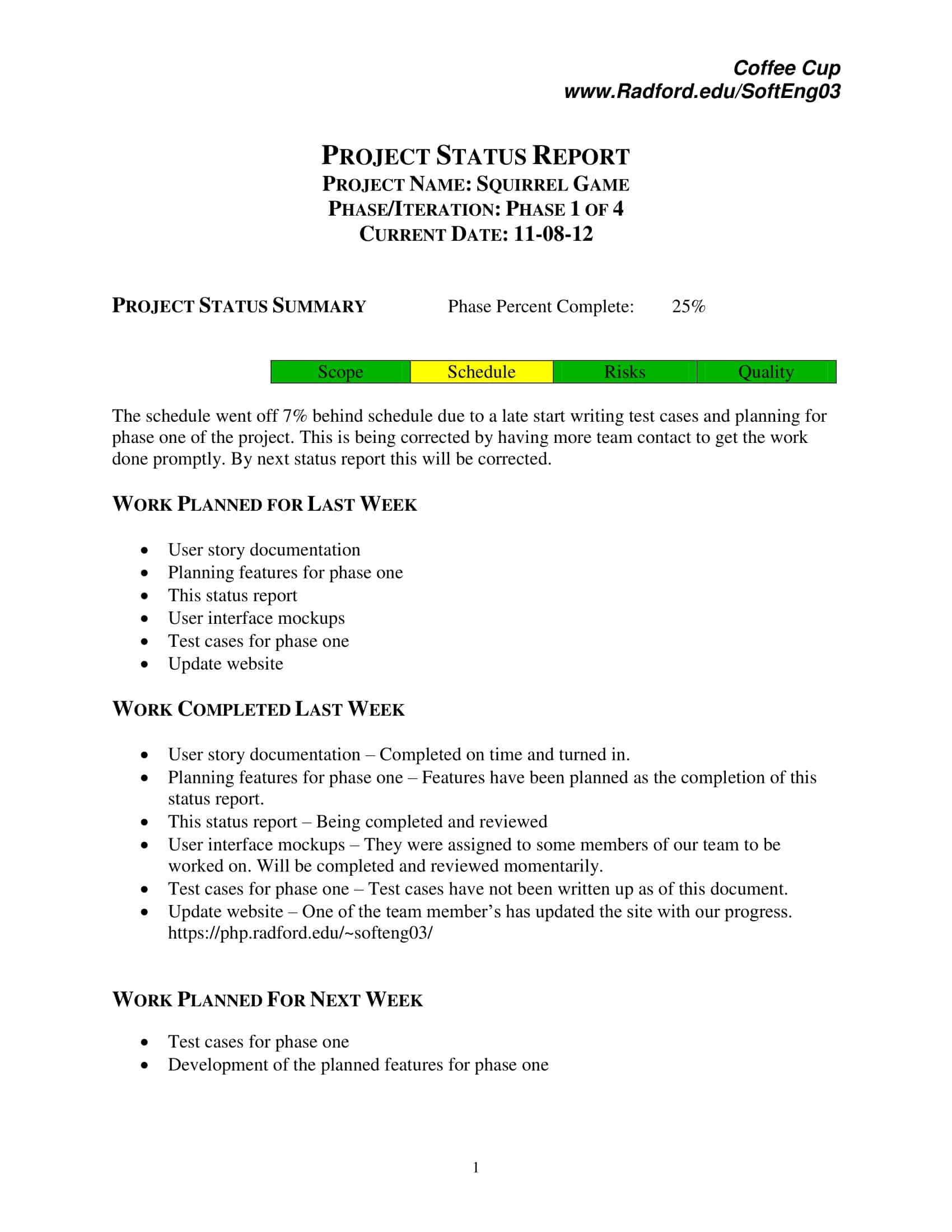 weekly project status report template weekly project status report template