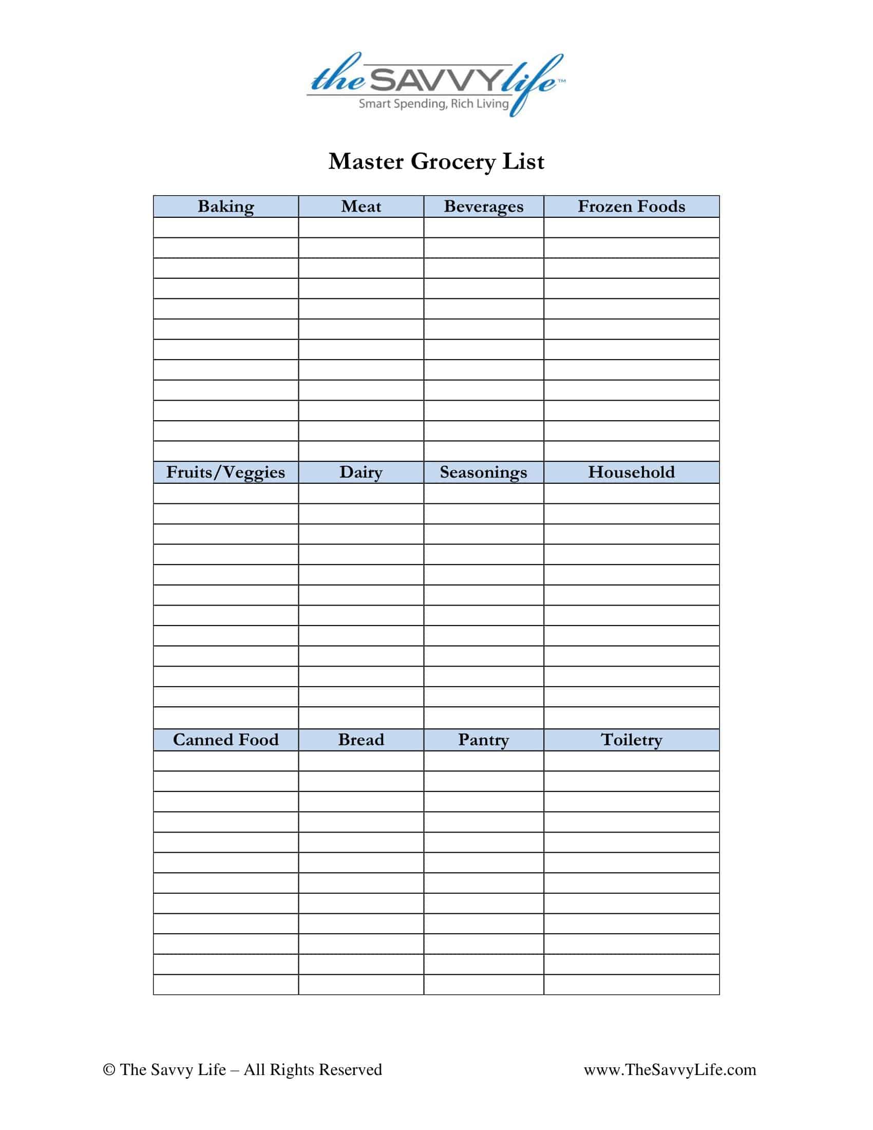 Best Fillable Grocery List Best Fillable Grocery List