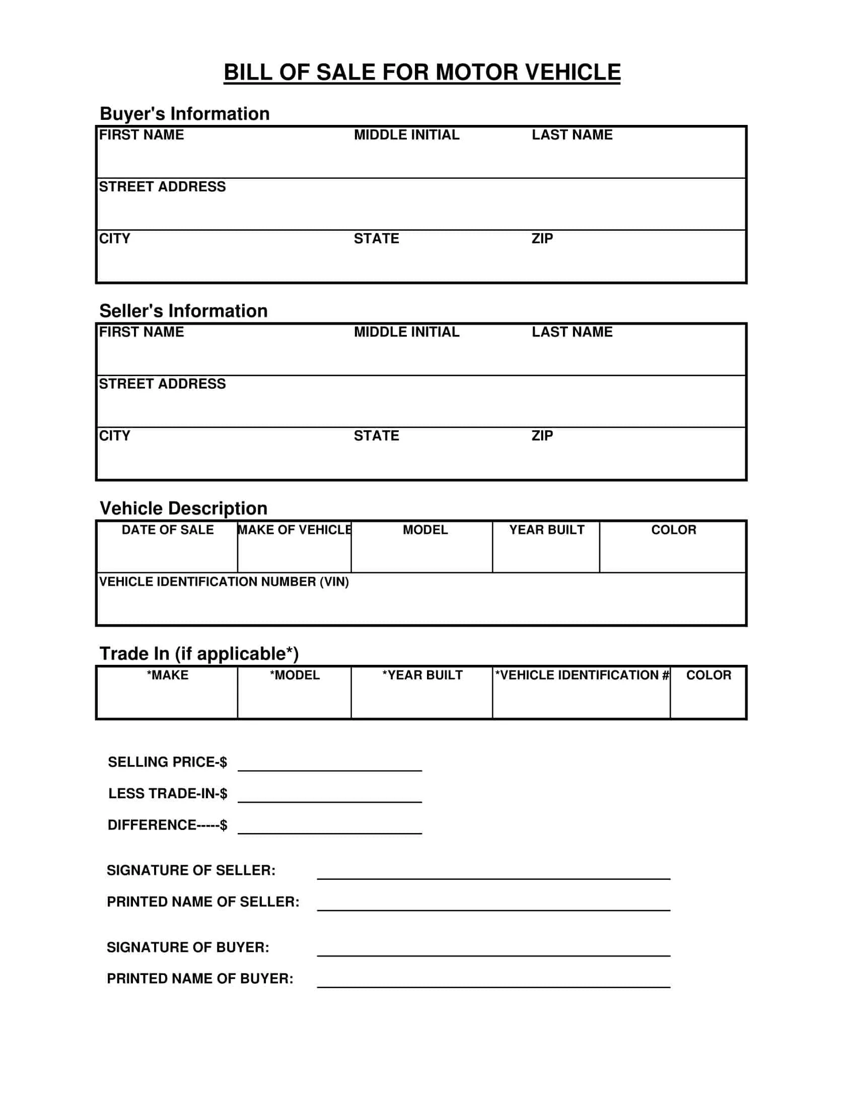 Bill of Sale Blank Form Bill of Sale Blank Form