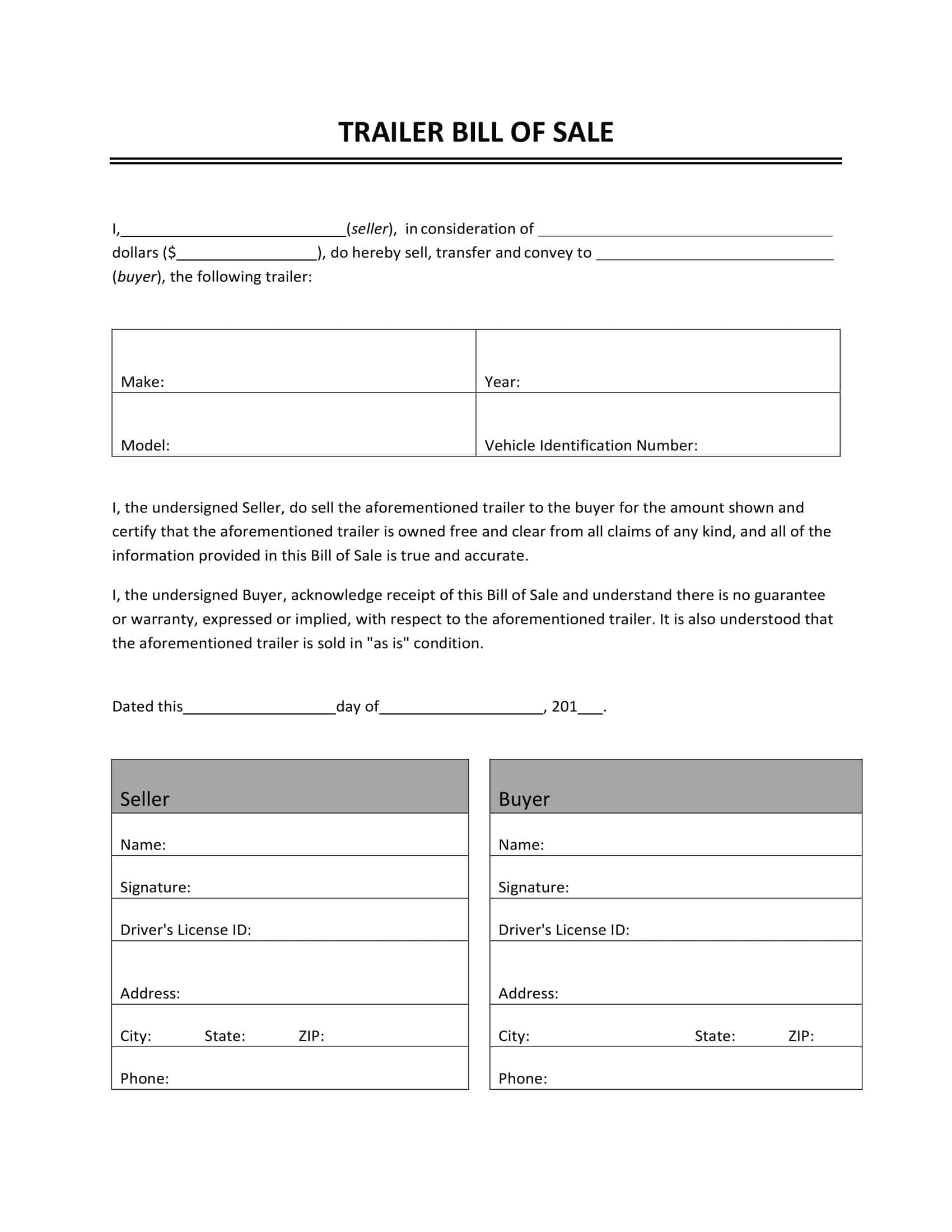 Bill of Sale Trailer Form Free Bill of Sale Trailer Form Free