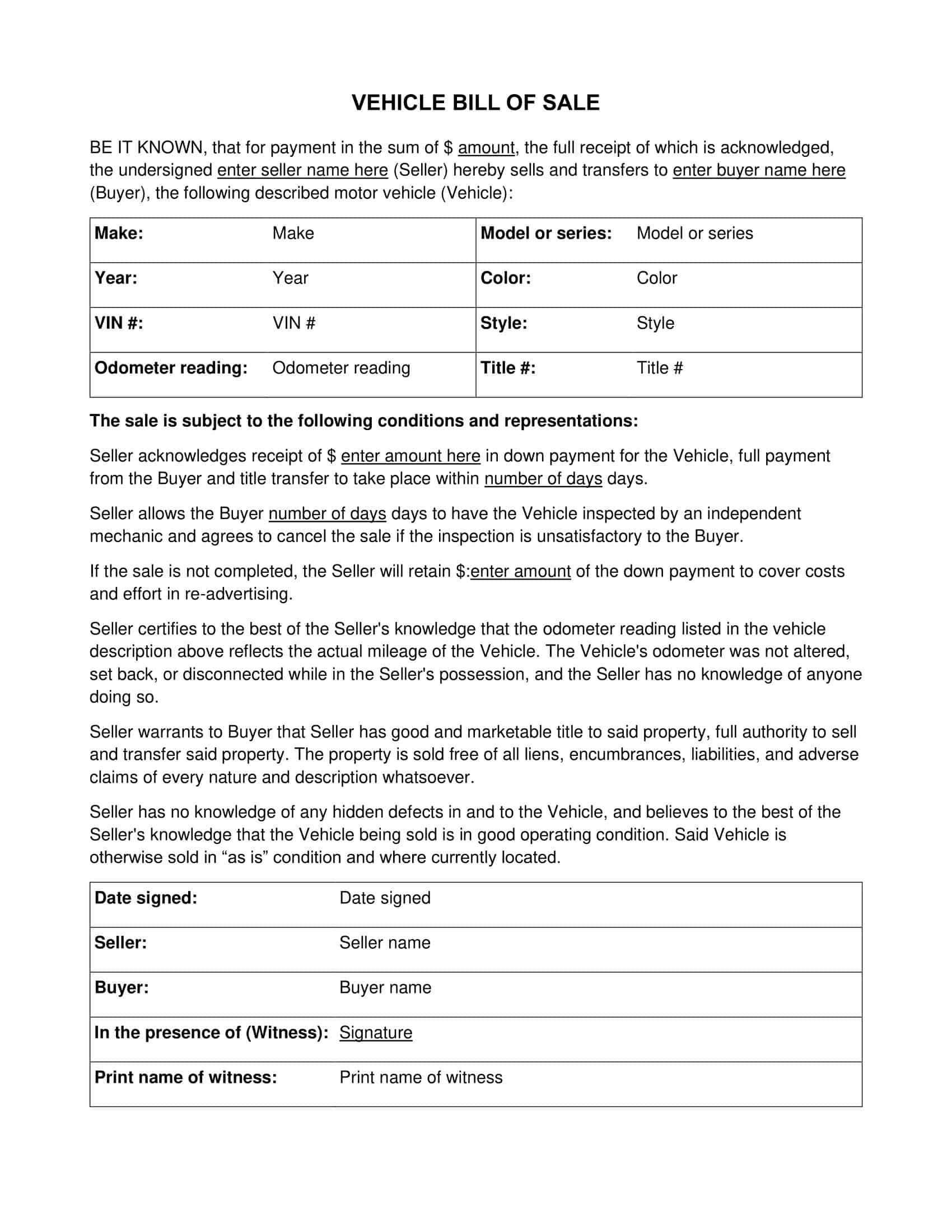 Bill of Sale for a Car PDF Bill of Sale for a Car PDF