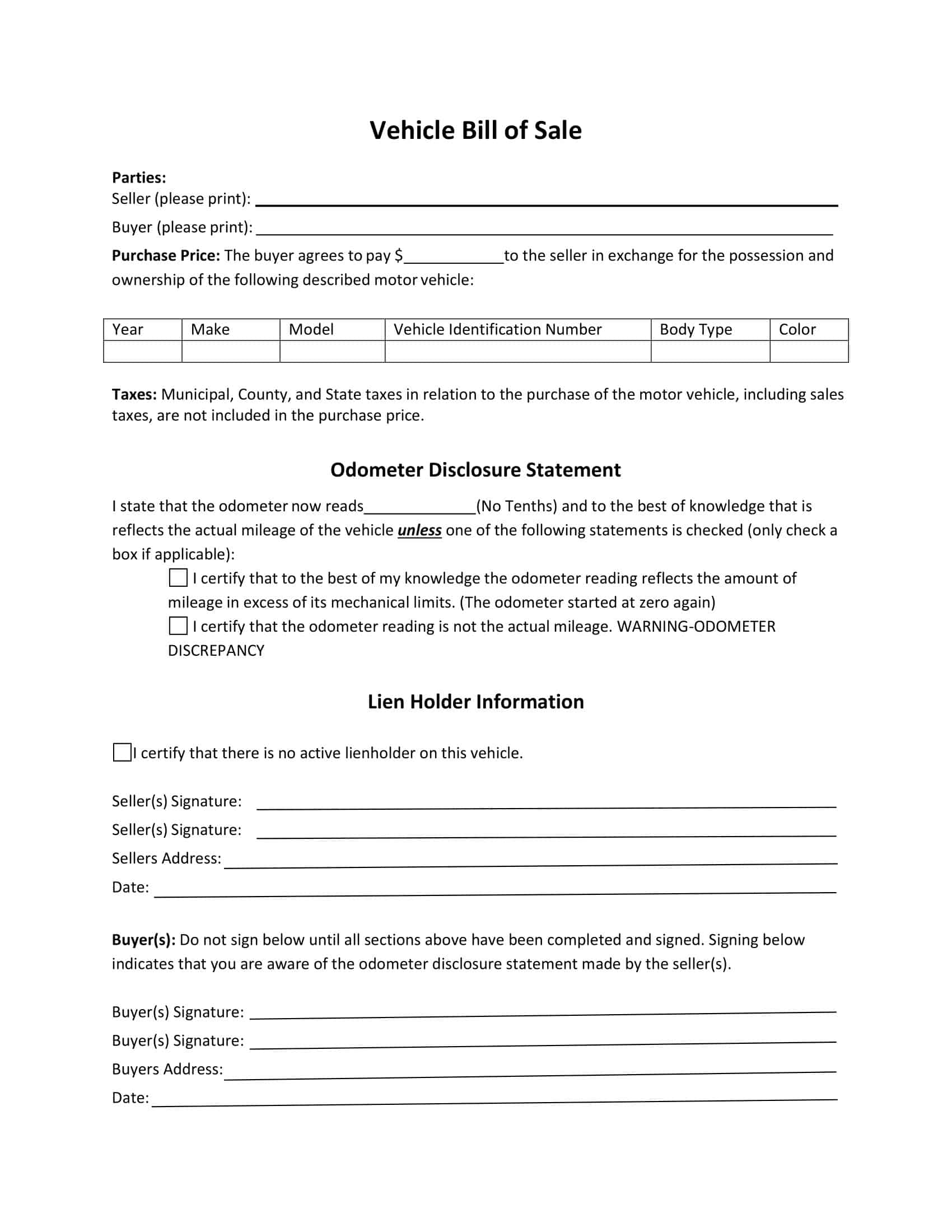 Blank Bill of Sale for a Car Blank Bill of Sale for a Car