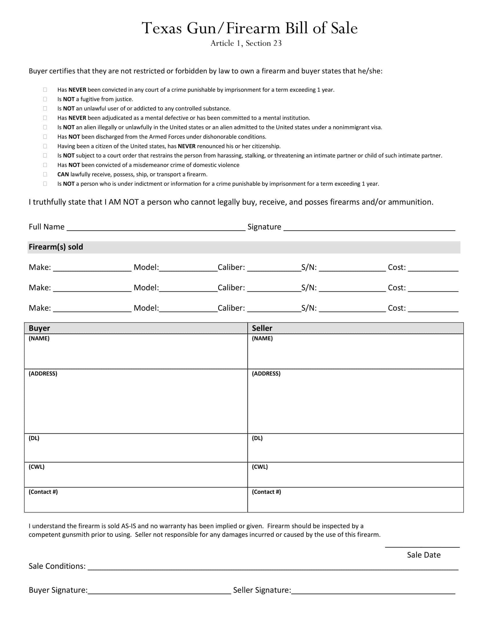 Blank Firearm Bill of Sale Template Blank Firearm Bill of Sale Template