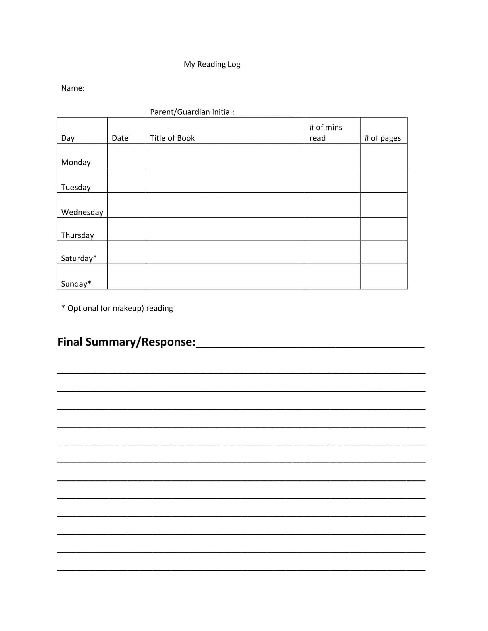 Blank Reading Log Blank Reading Log