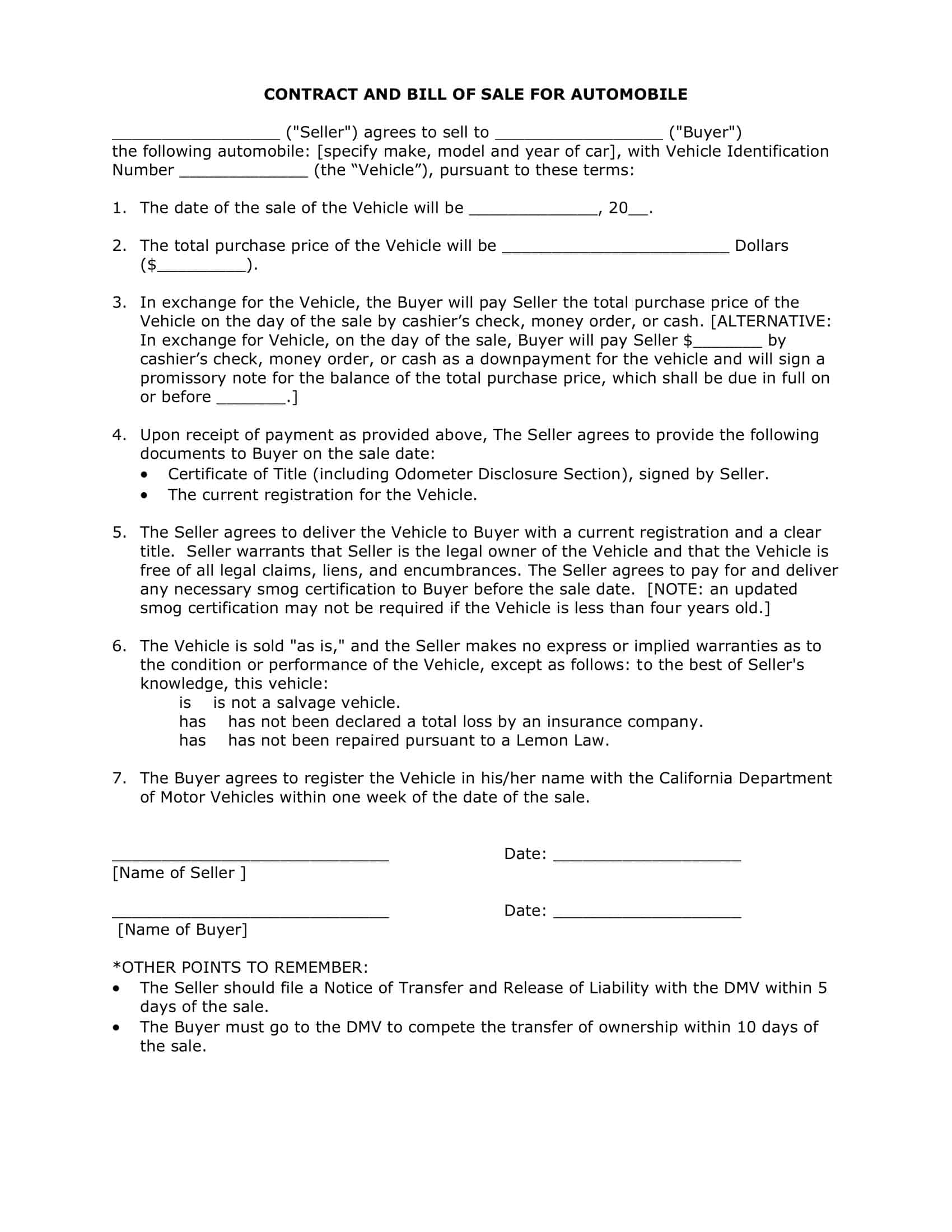 Comprehensive Bill of Sale for a Car PDF Comprehensive Bill of Sale for a Car PDF