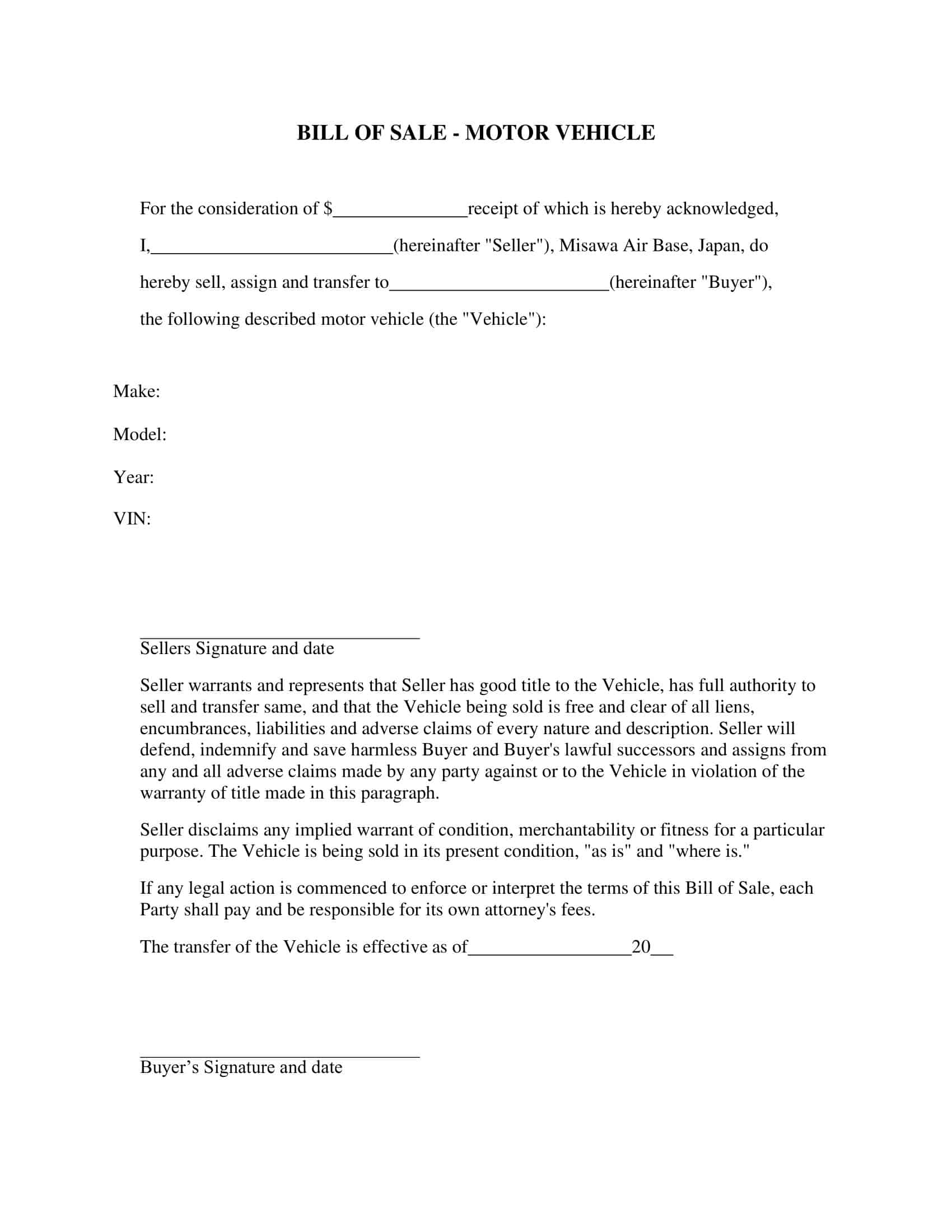 Convenient Bill of Sale for a Car in Word Convenient Bill of Sale for a Car in Word