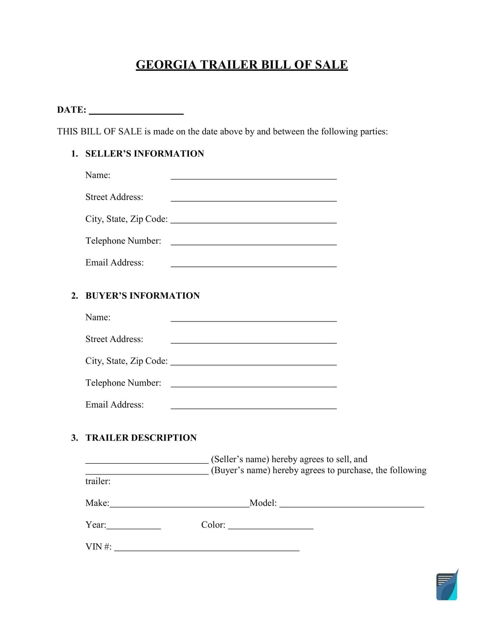 Downloadable Trailer Bill of Sale PDF Downloadable Trailer Bill of Sale PDF