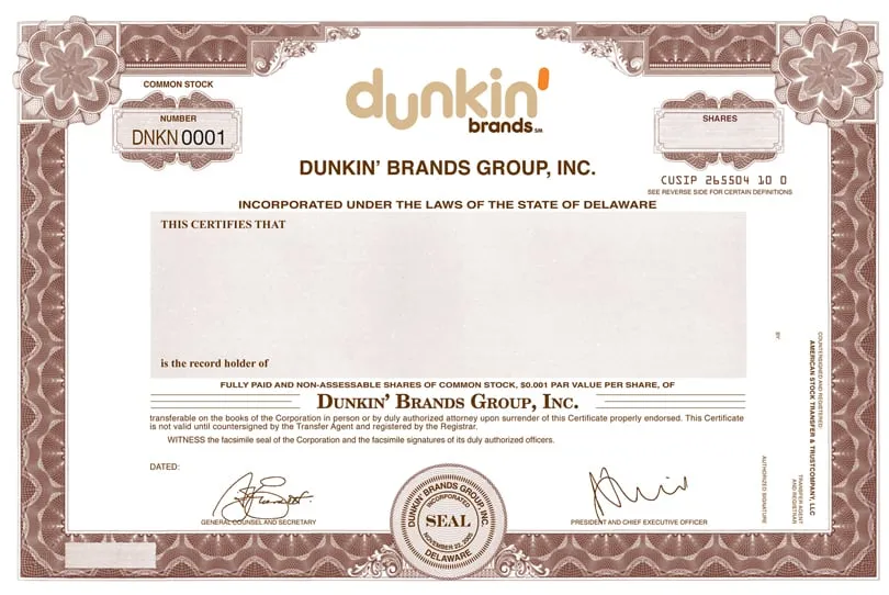 Dunkin Stock Certificate Dunkin Stock Certificate